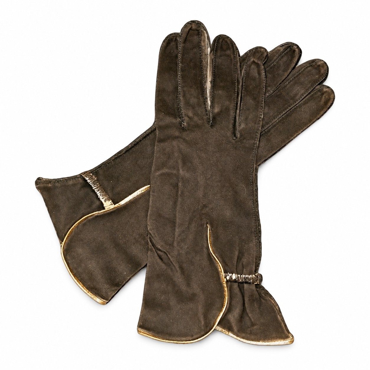 Vintage 1940s Womens Brown Suede Opera Gauntlet Gloves Gold Trim Formal Evening