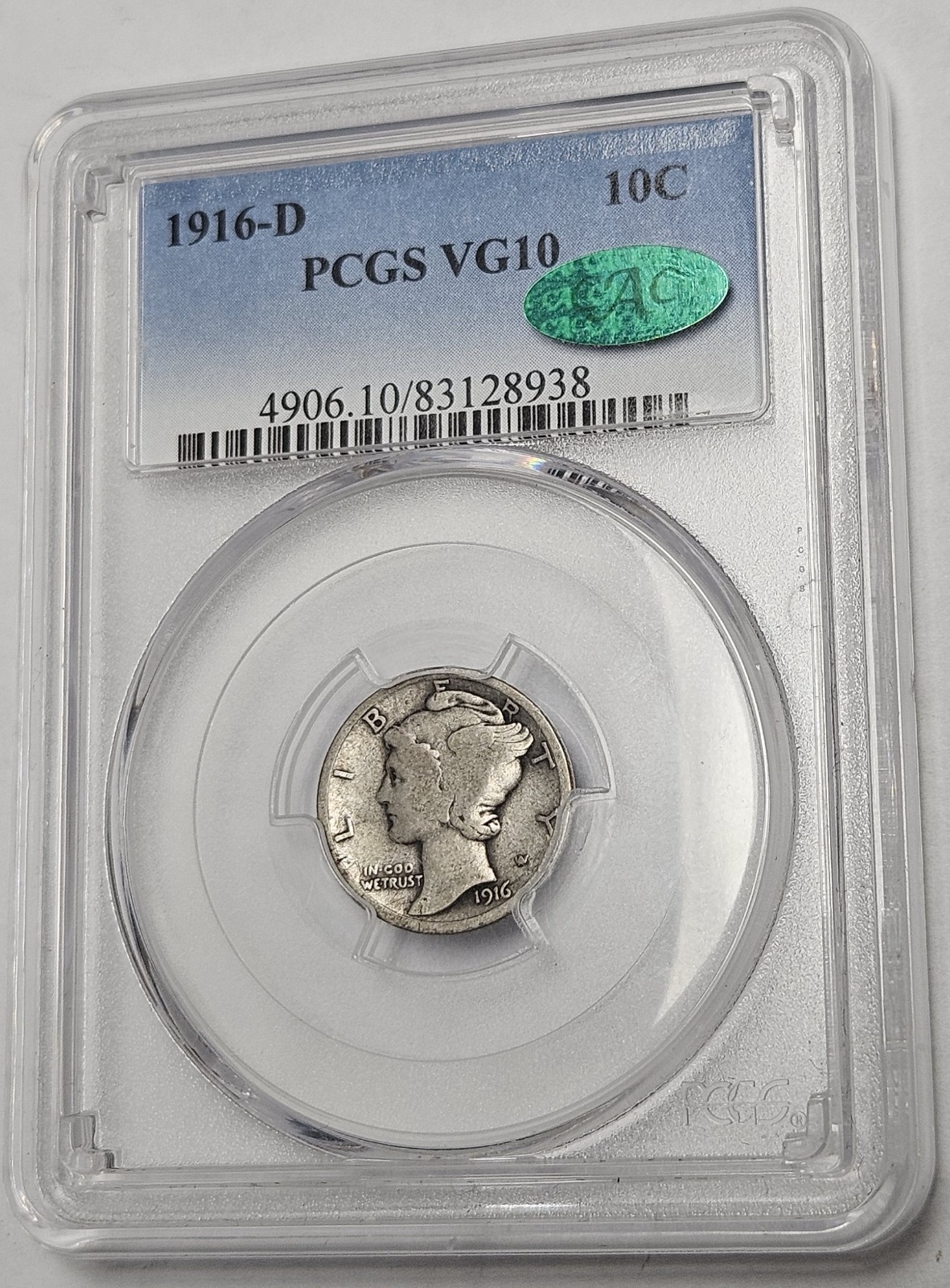 1916 D Denver Mint Mercury Dime 10c PCGS VG 10 CAC Green Sticker