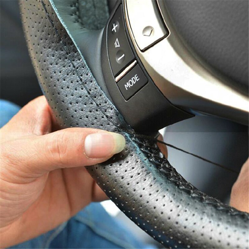 Black DIY PU Leather Steering Wheel Cover Needle Thread Auto Accessories 15\