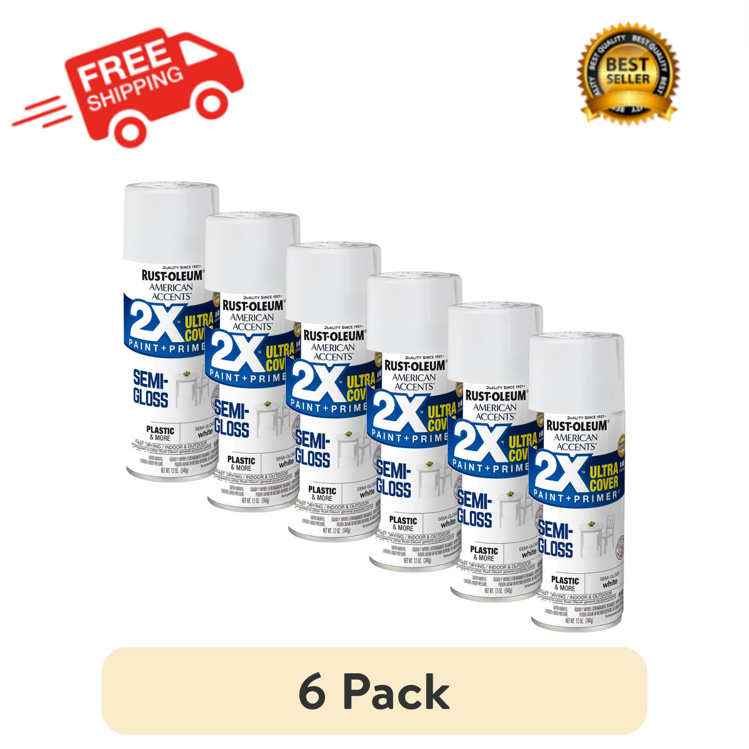 Rust-Oleum American Accents 2X Ultra Cover White Spray Paint Semi Gloss 12oz 6PK