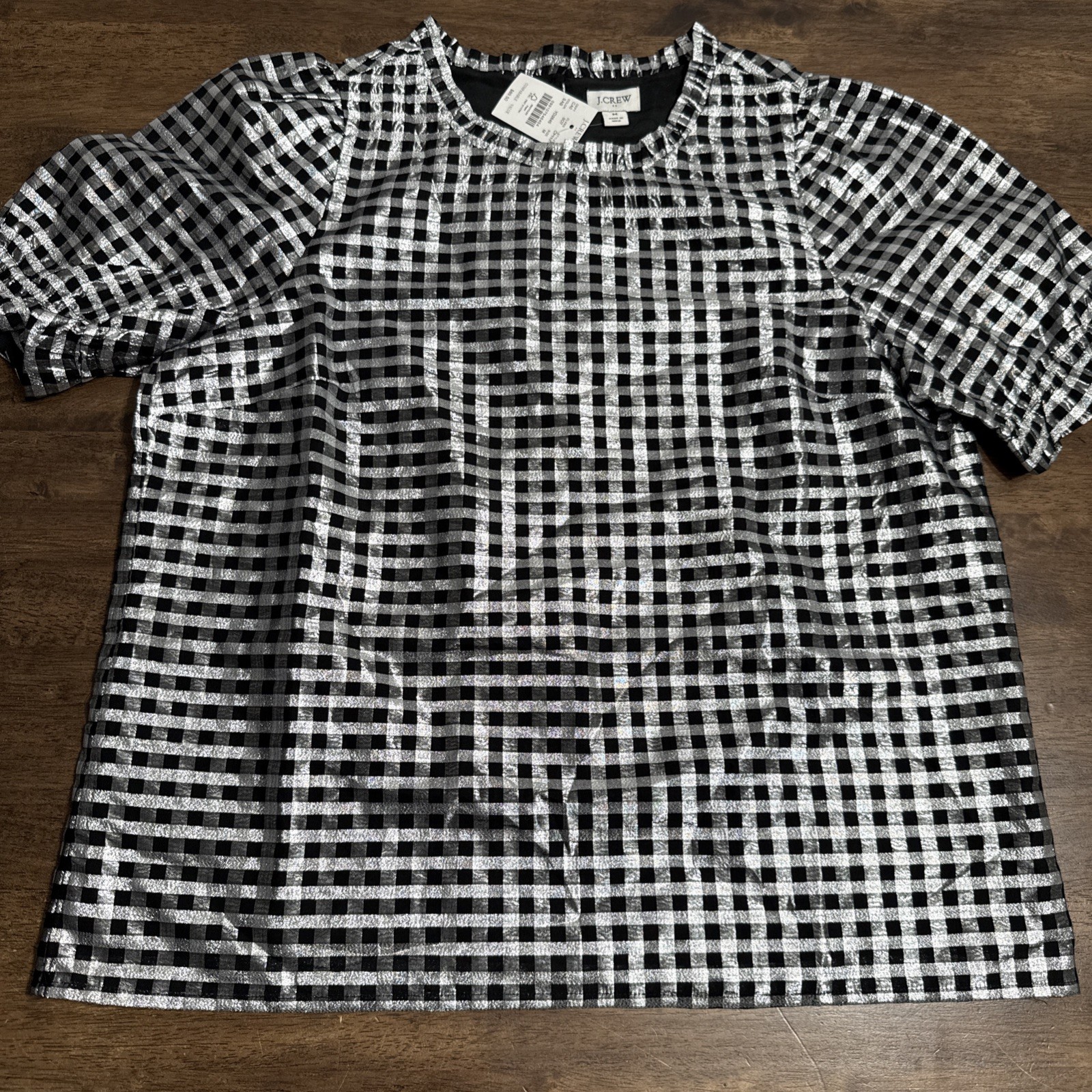 J.CREW Women\'s Gingham Puff Sleeve Blouse Black Silver Short Sleeve Size M NWT