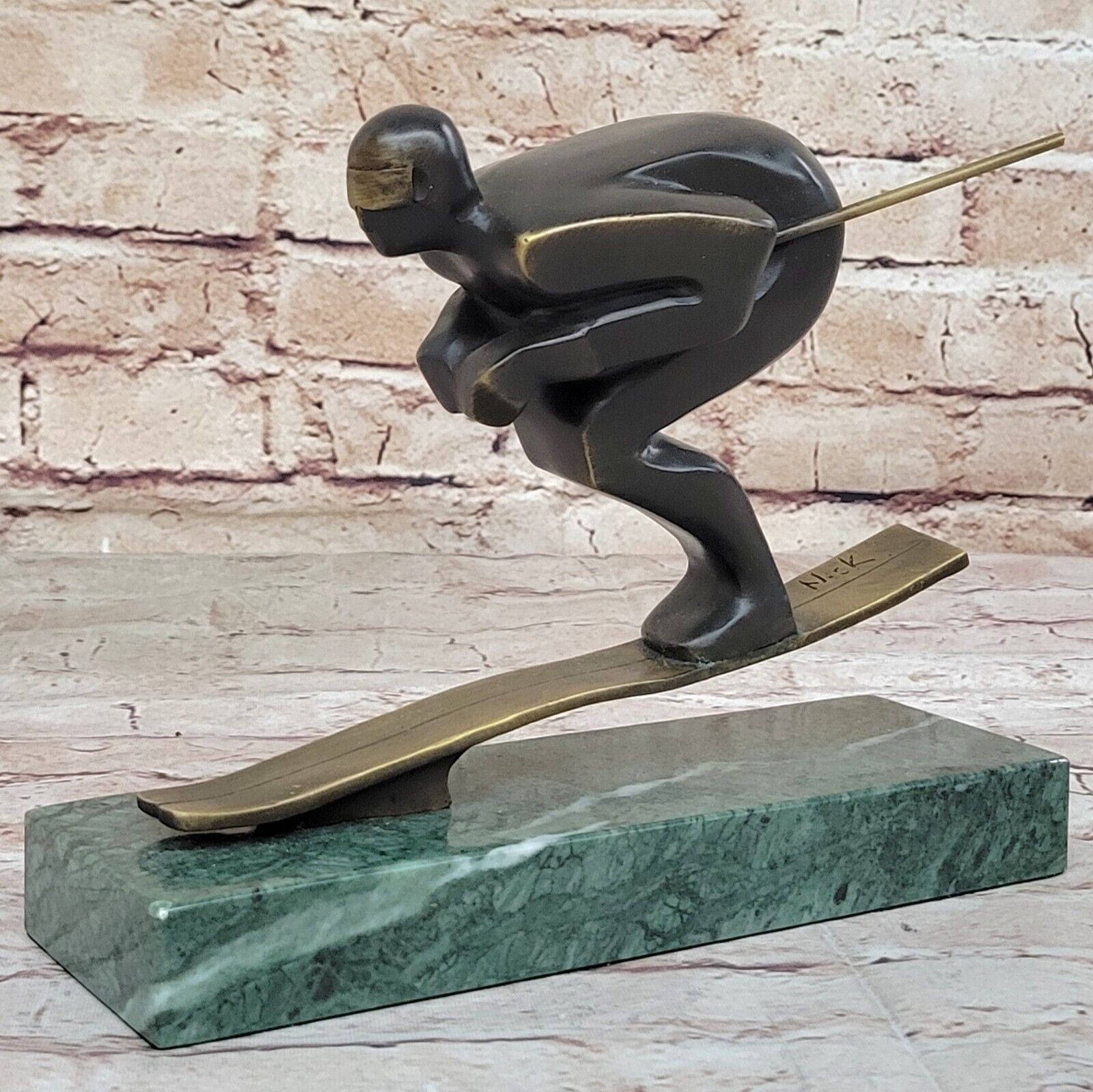 Handmade Bronze Sculpture skier men skiiing snow ski sports Statue Figurine Deco