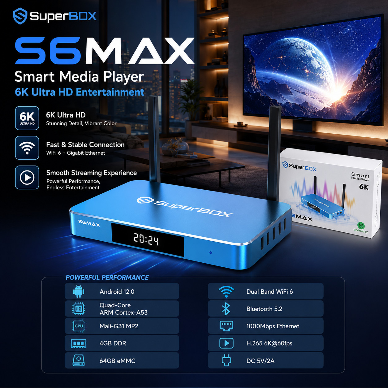 SuperBox S6MAX Android TV Box 6K 4GB 64GB WiFi 6 Bluetooth US 