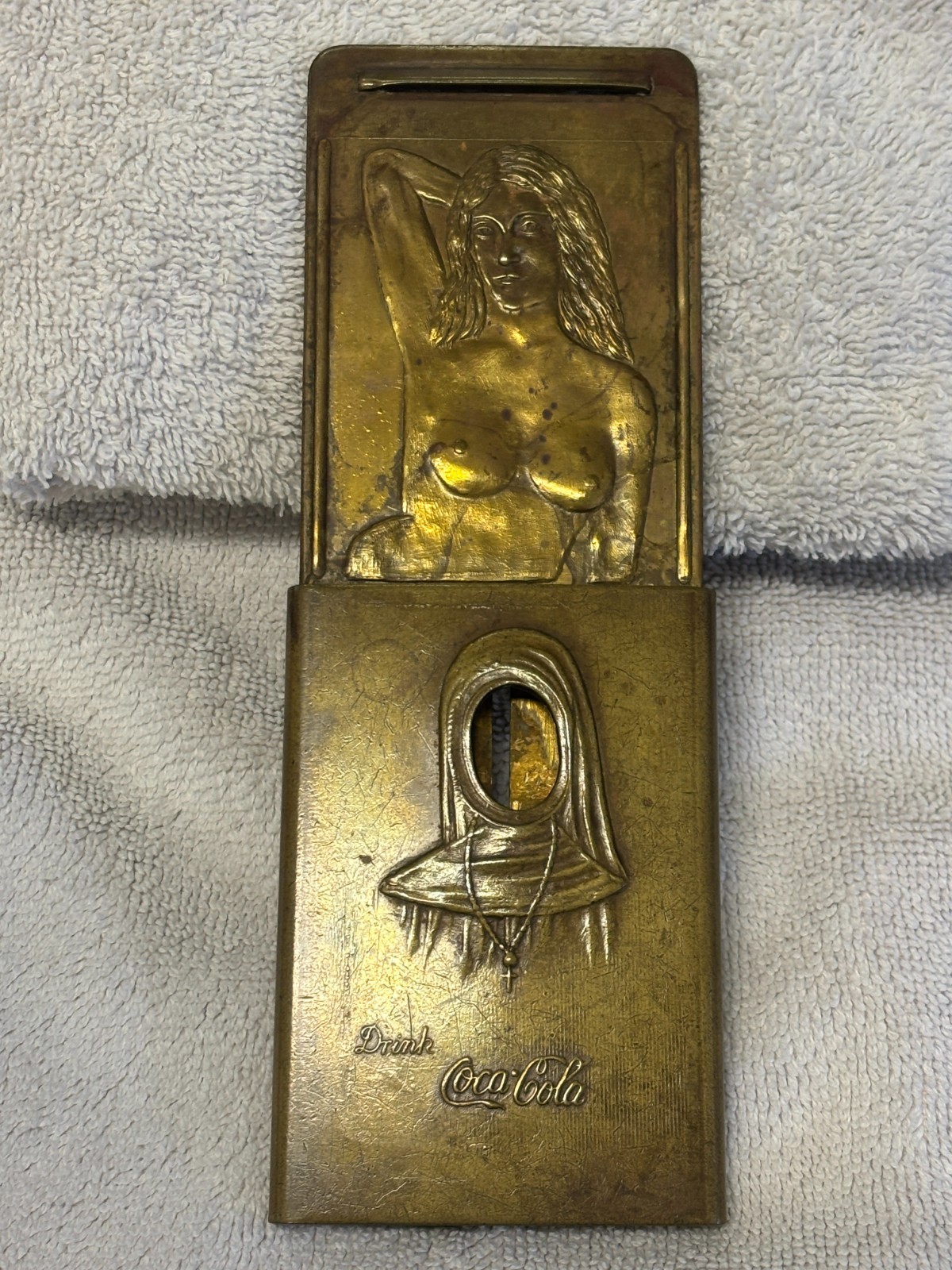 Antique Coca-Cola 1915 \'Nun-to-Nude\' Brass Belt Buckle, Trans-Pan Expo San Fran Antique Coca-Cola 1915 \'Nun-to-Nude\' Brass Belt Buckle, Trans-Pan Expo San Fran