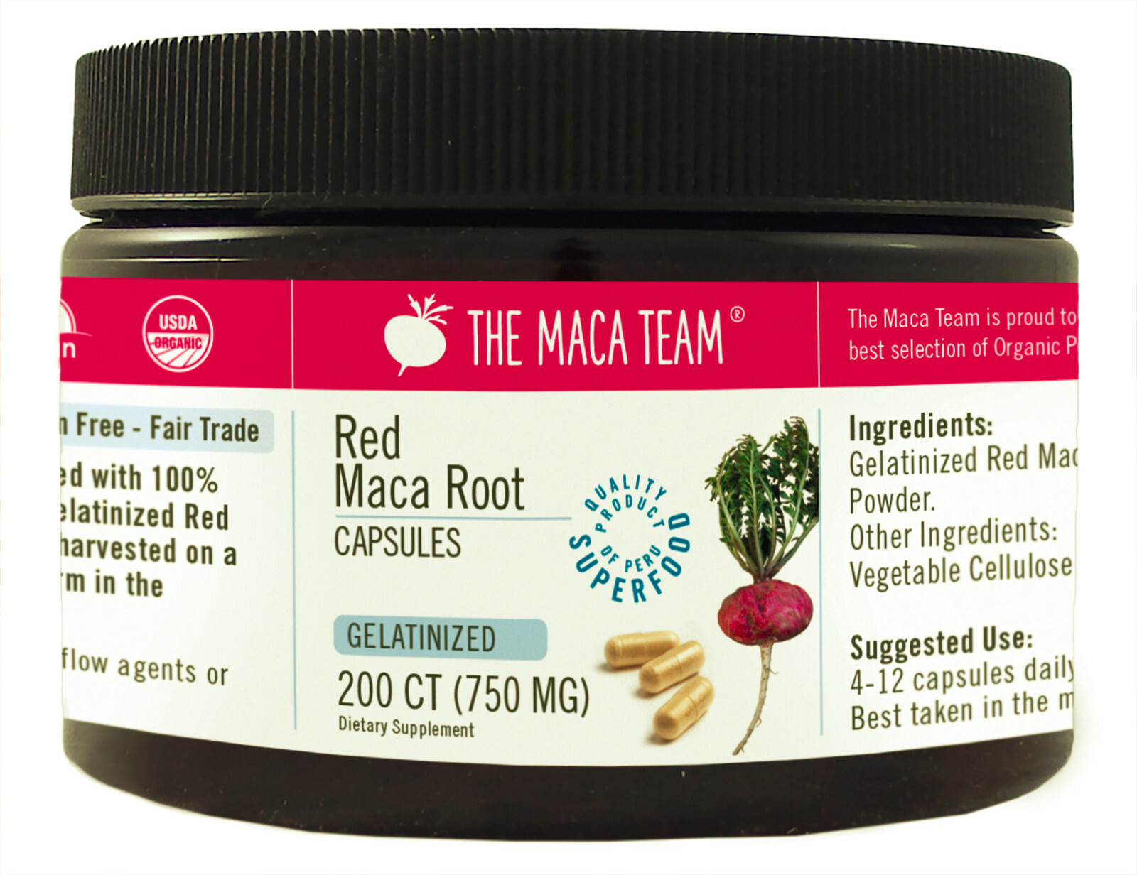 Gelatinized Red Maca Root Capsules -  Certified Organic, Fair Trade, GMO-Free