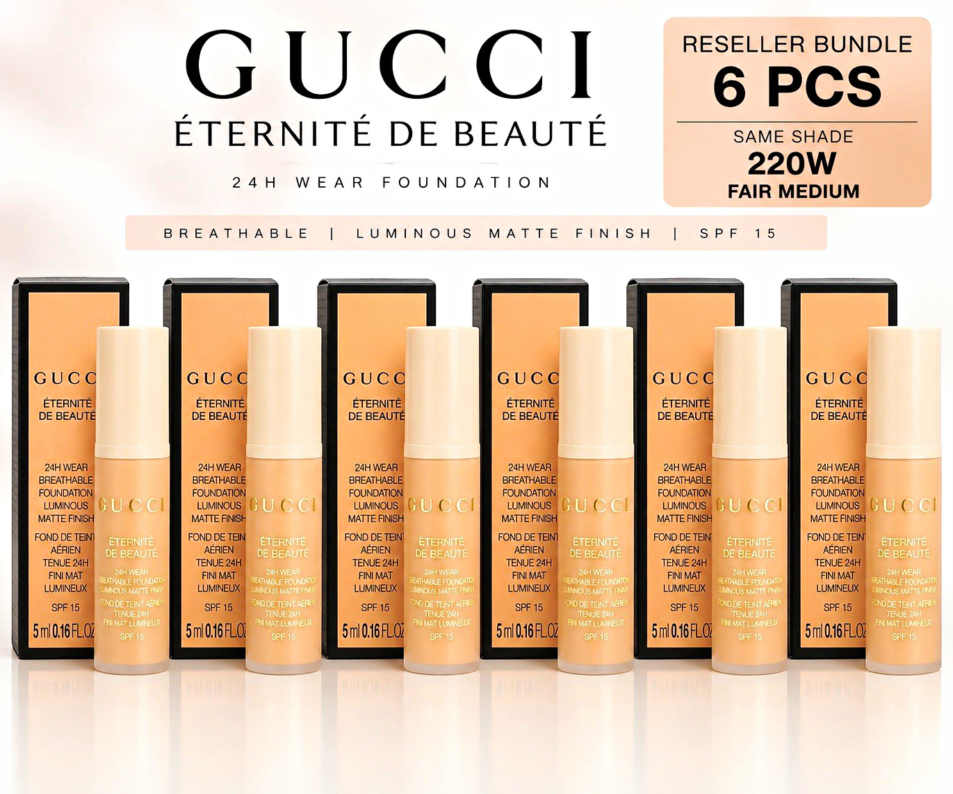 Gucci Éternité de Beauté Foundation 220W Fair Medium 5ml Mini 6pc Lot NEW Gucci Éternité de Beauté Foundation 220W Fair Medium 5ml Mini 6pc Lot NEW