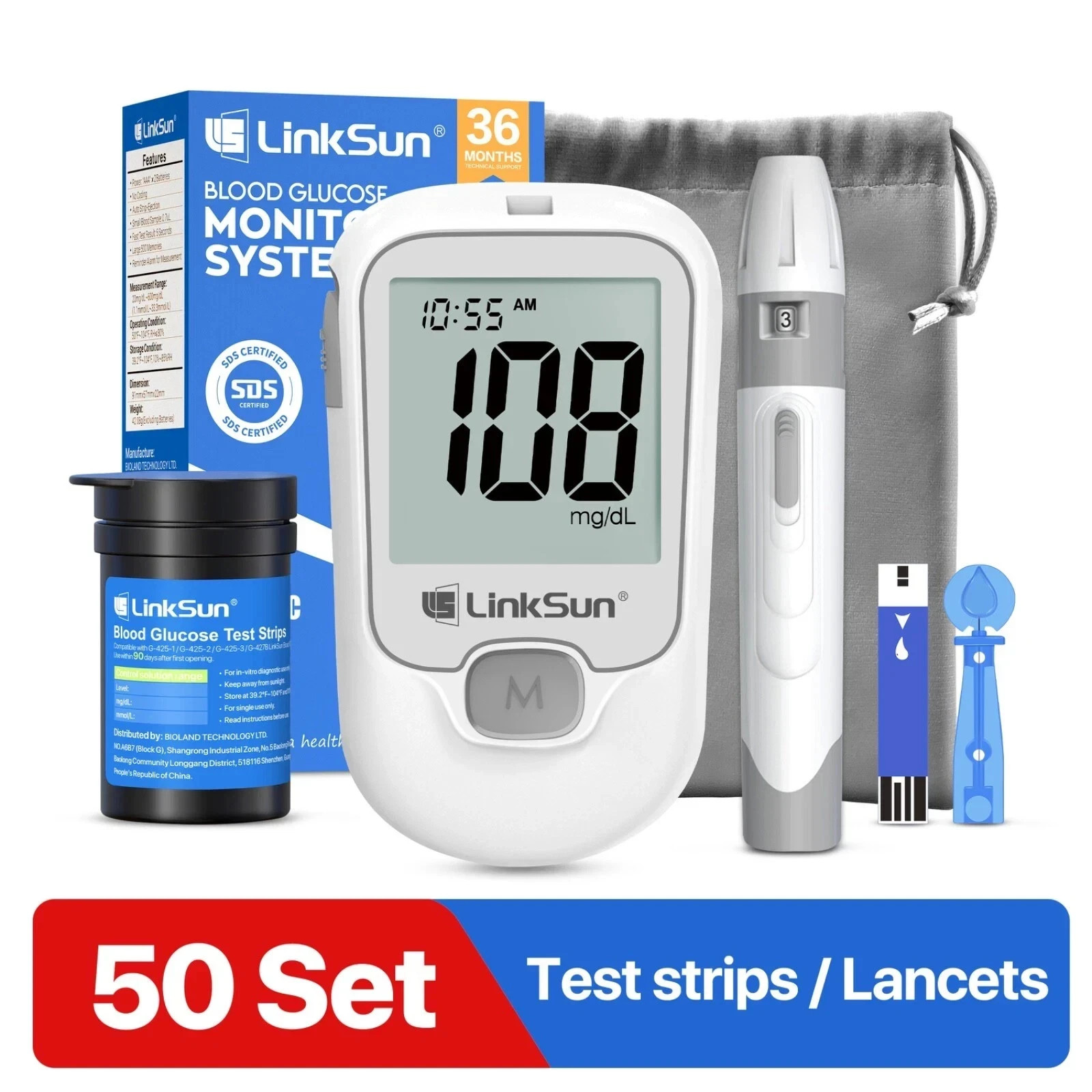 Diabetes Test Kit Blood Sugar Glucose Monitor Linksun G-425-1 Complete Kit