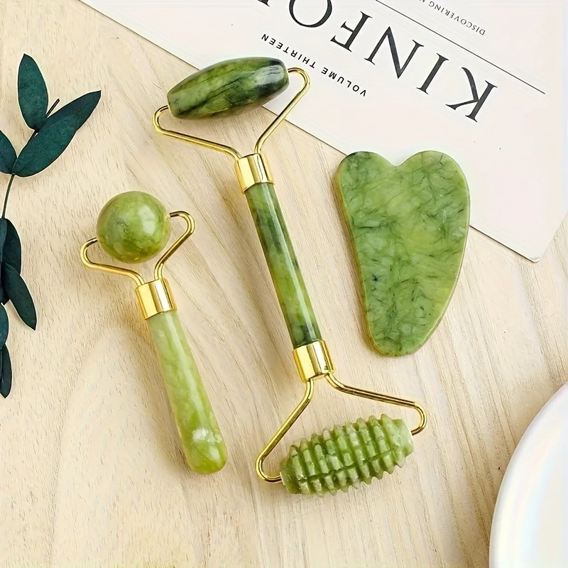 3 pcs Jade Roller and Gua Sha Set - Guasha Tool for Face - Skin Care Gift Set