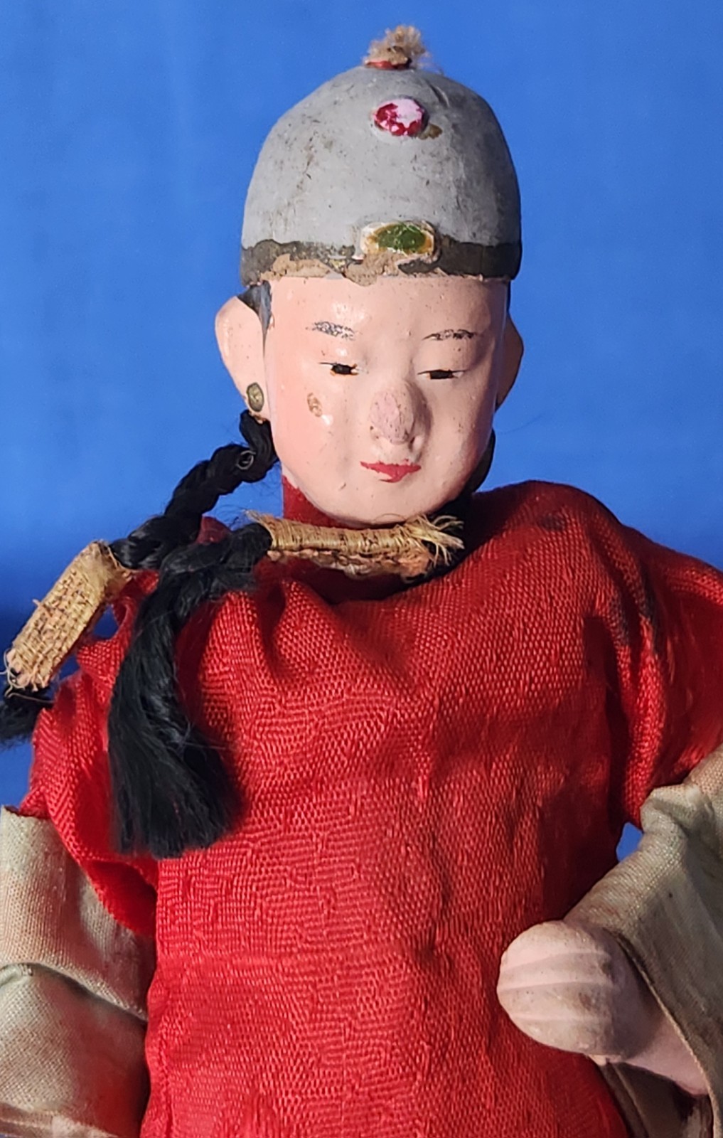Antique 1900 28 cm Chinese Opera Bisque & Cloth Doll Hand Painted & Silk Clothes