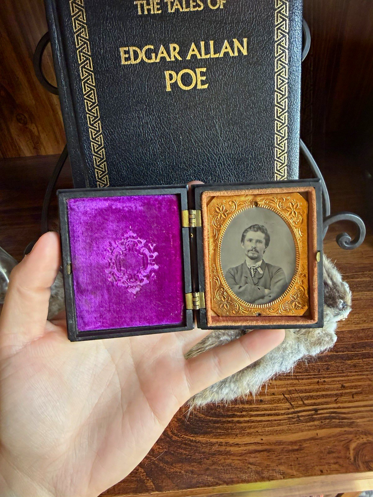 Antique Embossed Leather Photo Case w/ Black & White Portrait Photograph of Man Antique Embossed Leather Photo Case w/ Black & White Portrait Photograph of Man