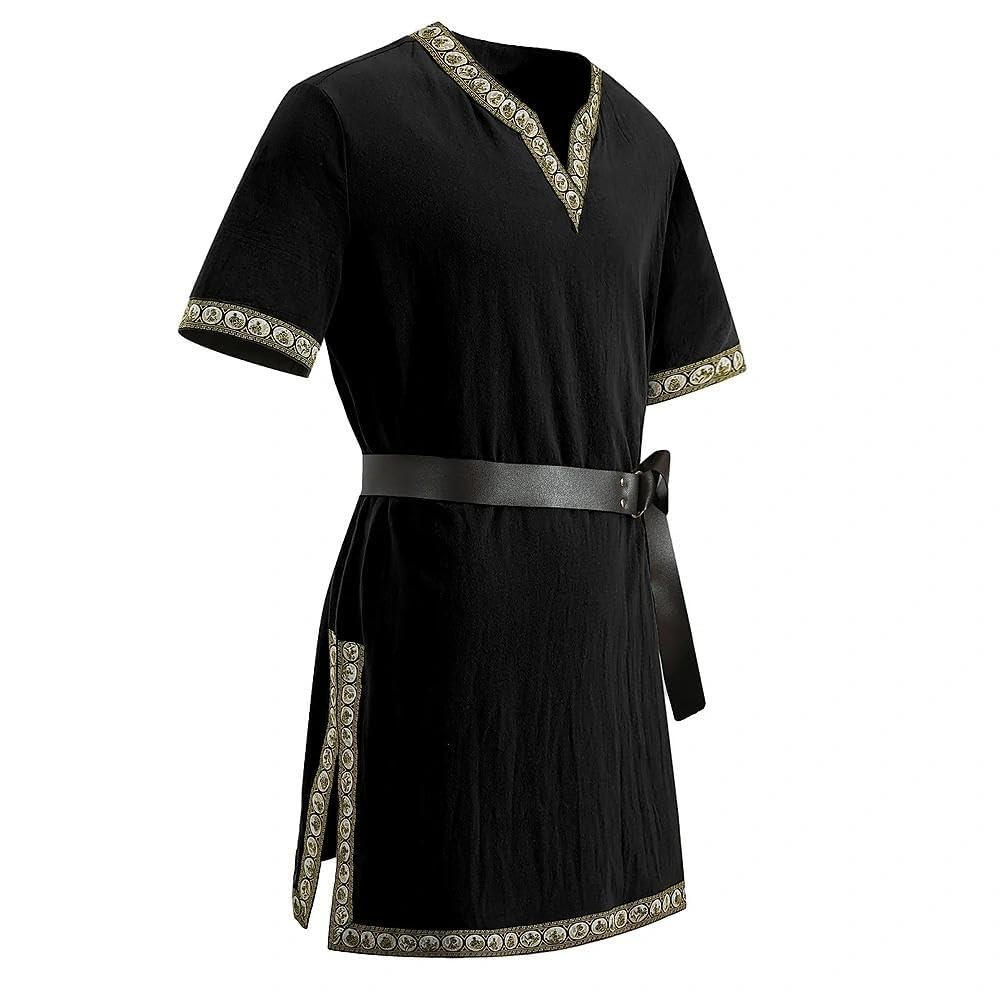 Medieval Tunic Men Renaissance Shirt Pirate Short Sleeved Tops Vneck Viking K...