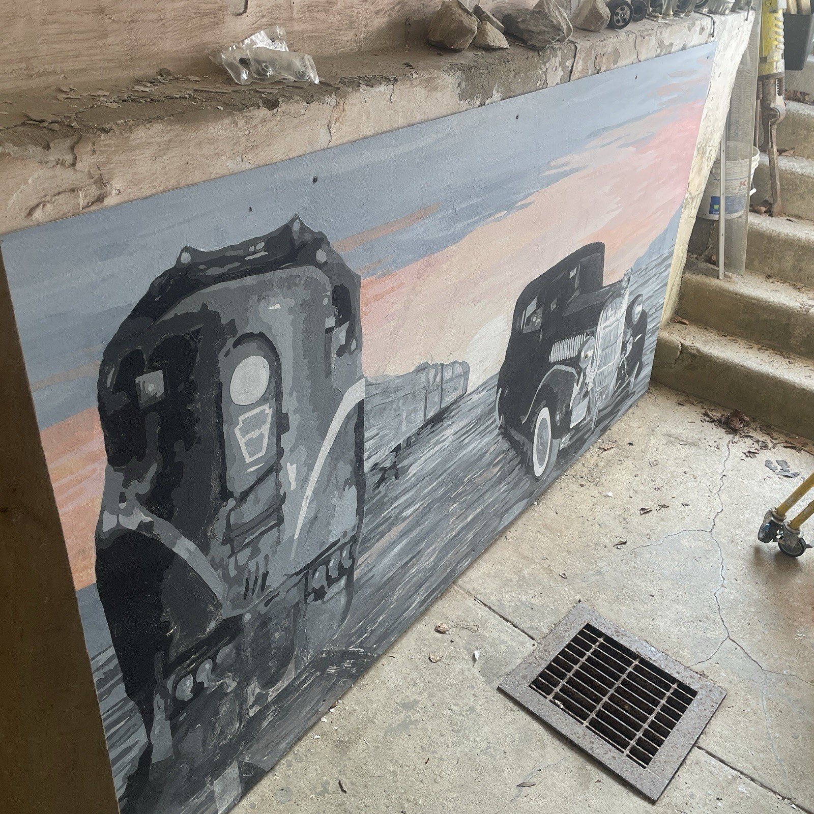 Huge Original Artwork GG1 Train And Antique Vehicle Scene  4x8 Feet