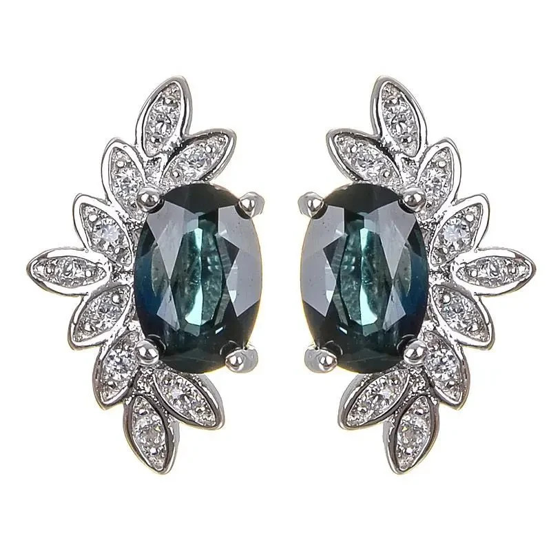 Dark Blue Green Sapphire Oval Cut Stud Earrings, September Birthstone Sapphire