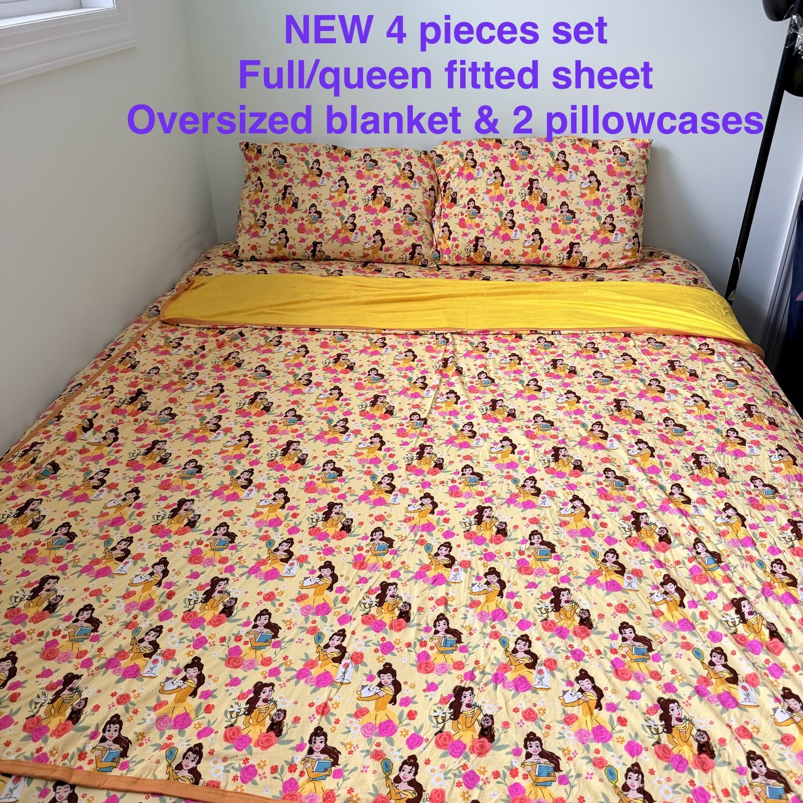 LS Disney princess belle Bamboo Custom Full/ Queen Bed fitted Sheet 4 pieces set