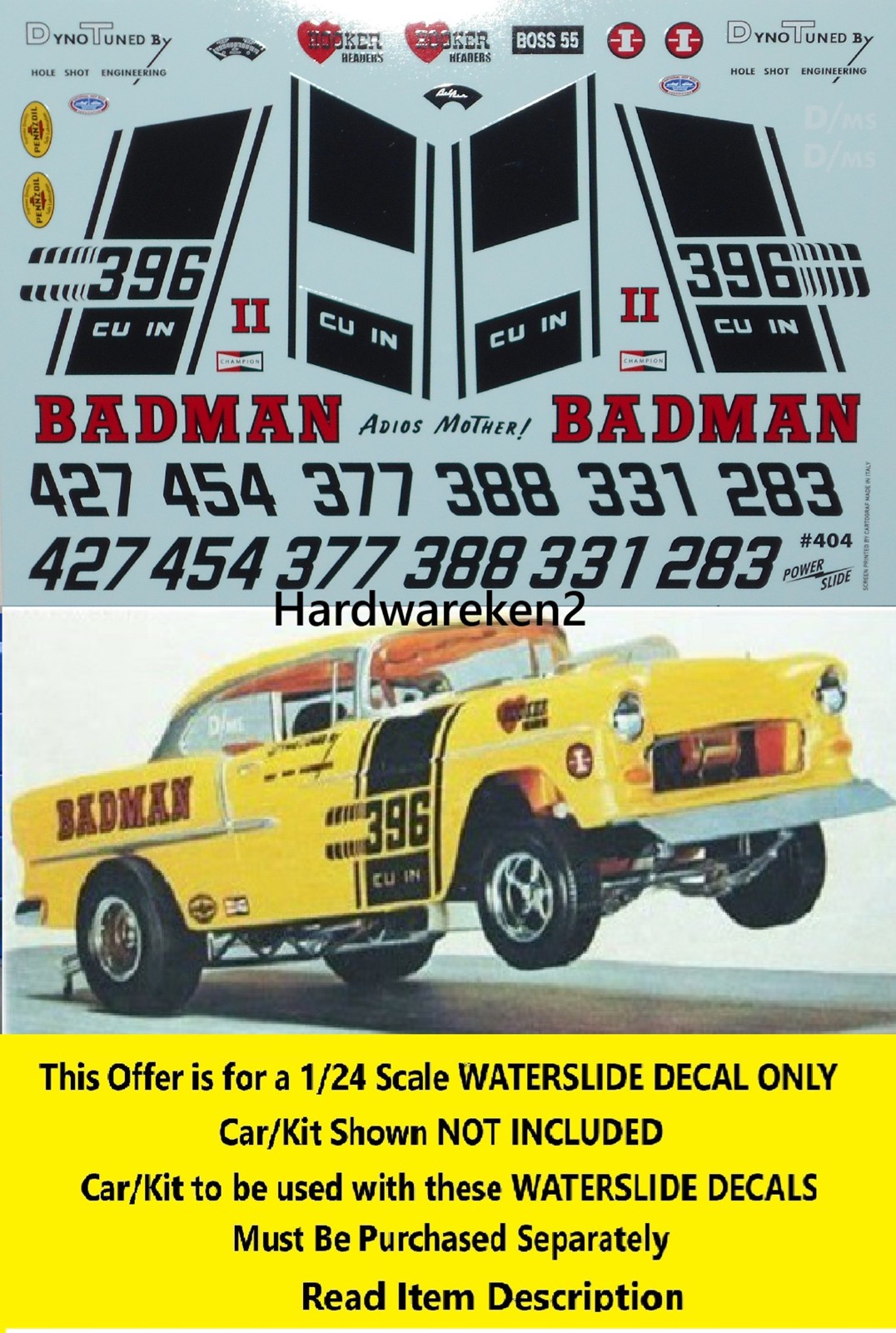 WATERSLIDE DECAL TOM DANIELS BADMAN  1955 CHEVY GASSER DRAG CAR 1/24 POWERSLIDE