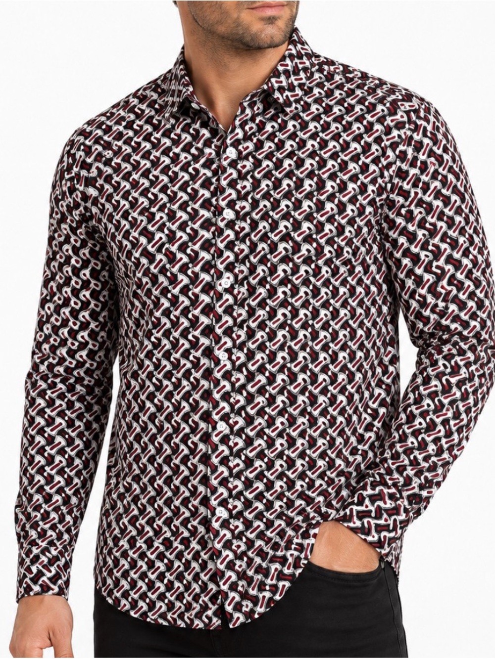 Platini Men\'s Geometric Print Button-Up Shirt in Red/black/gold breathable SZ LG