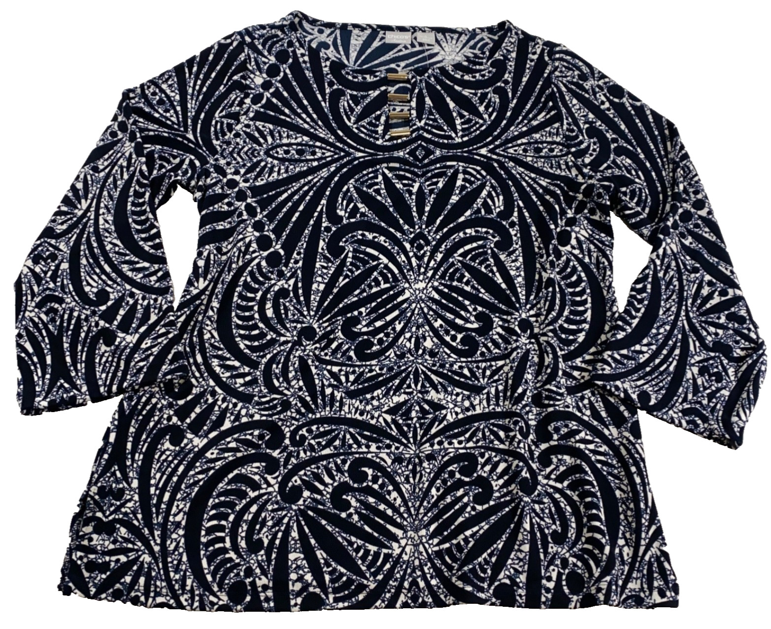 Chicos Travelers Metal Trim Tunic Sweater Sz 2 US L Winter Drift 3/4 Sleeve