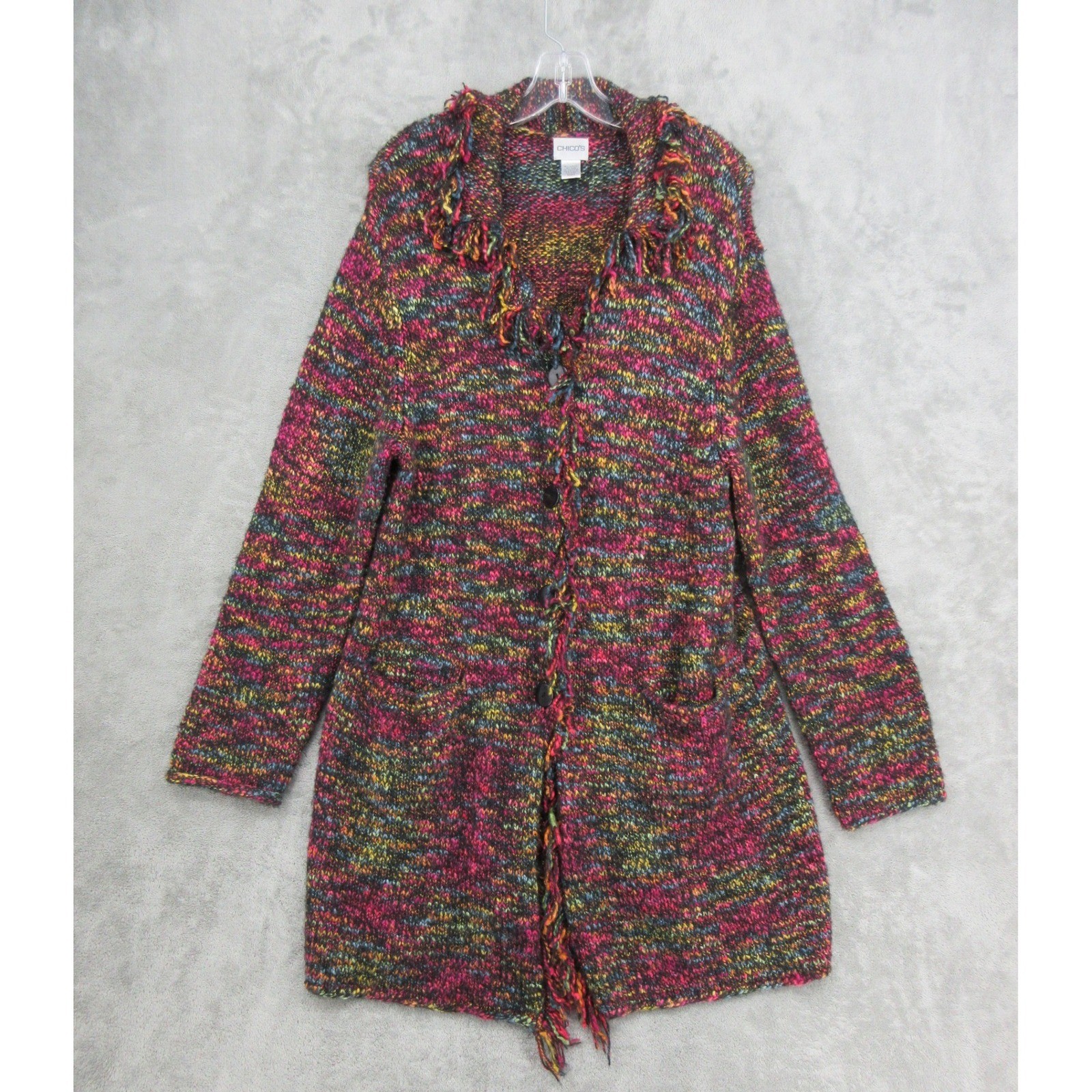 Chicos Sweater Womens 3 US XL Multicolor Fringe Trim Wool Blend Cardigan Duster
