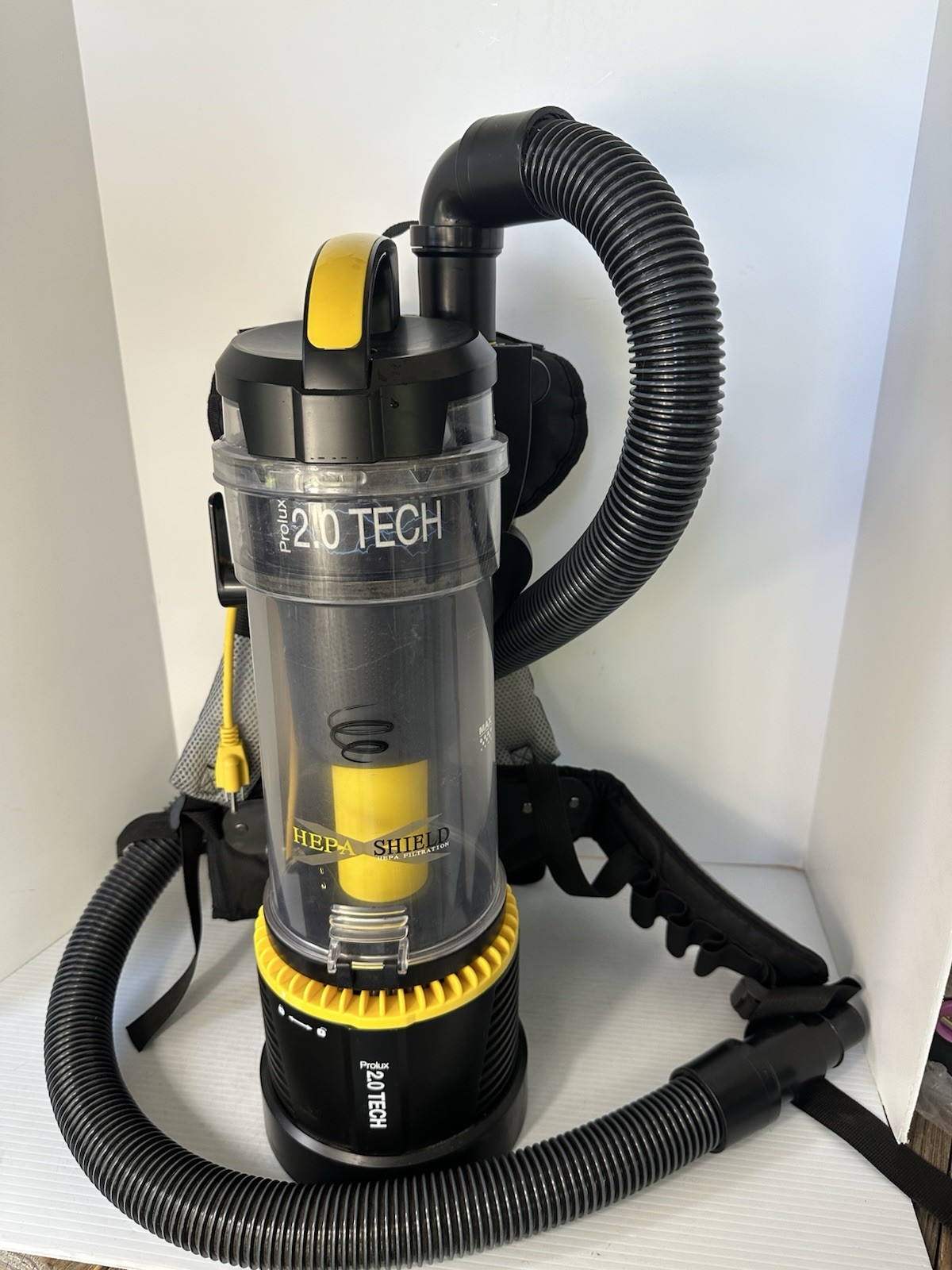 Prolux 2.0 Tech Backpack Vacuum Black Yellow HEPA Shield Bagless Canister Prolux 2.0 Tech Backpack Vacuum Black Yellow HEPA Shield Bagless Canister