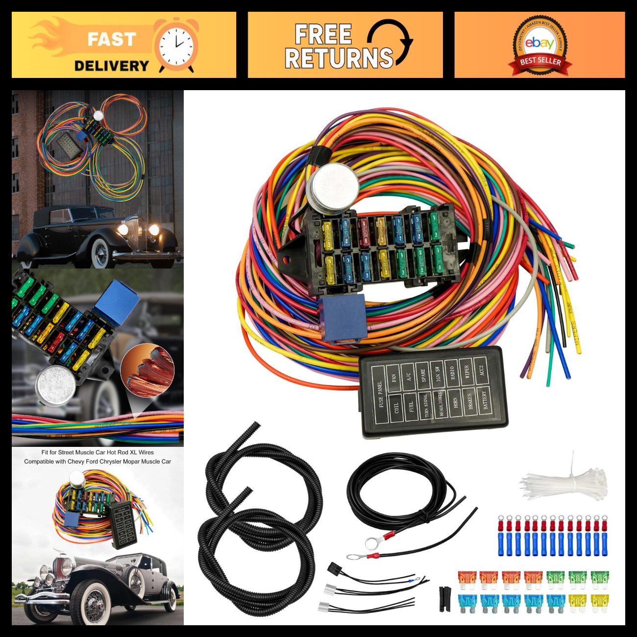 Universal 14 Circuit Wiring Harness Kit 12V Fuse for Chevy Ford - Easy Install