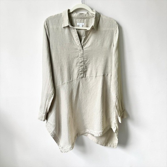 J. Jill Love Linen Tunic Top Women\'s Small Tan Asymmetrical Hem Japandi Boho