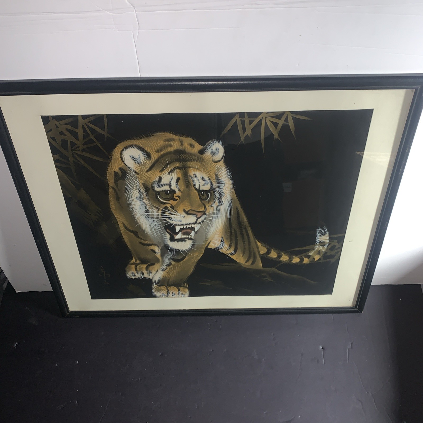 Asian Tiger Silk Painting Hand Painted Signed Framed Bamboo Wildlife Art