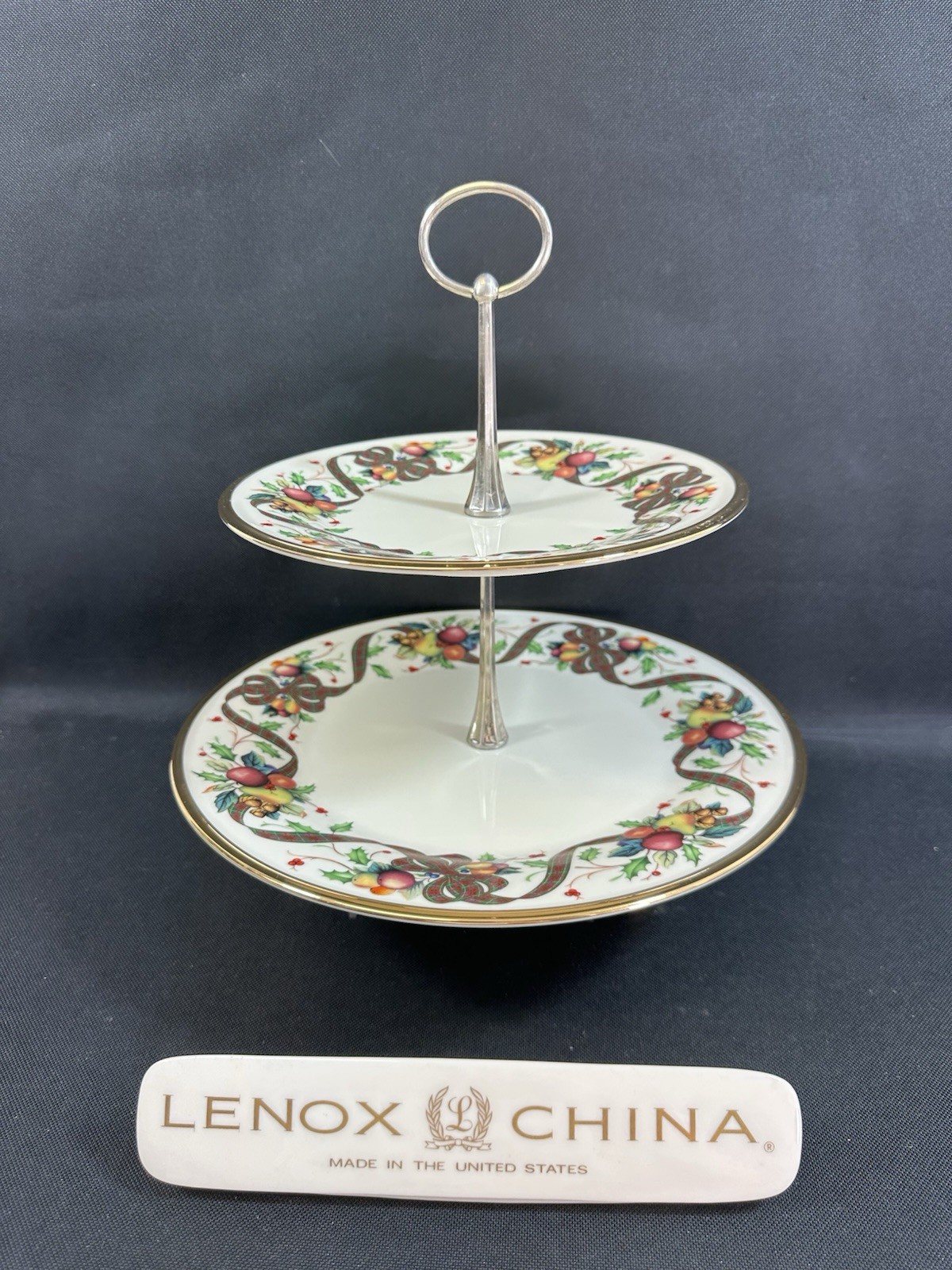 Lenox Holiday TARTAN~Gold Rim~(1)~2 Tiered Serving Tray 10 5/8\ Lenox Holiday TARTAN~Gold Rim~(1)~2 Tiered Serving Tray 10 5/8\