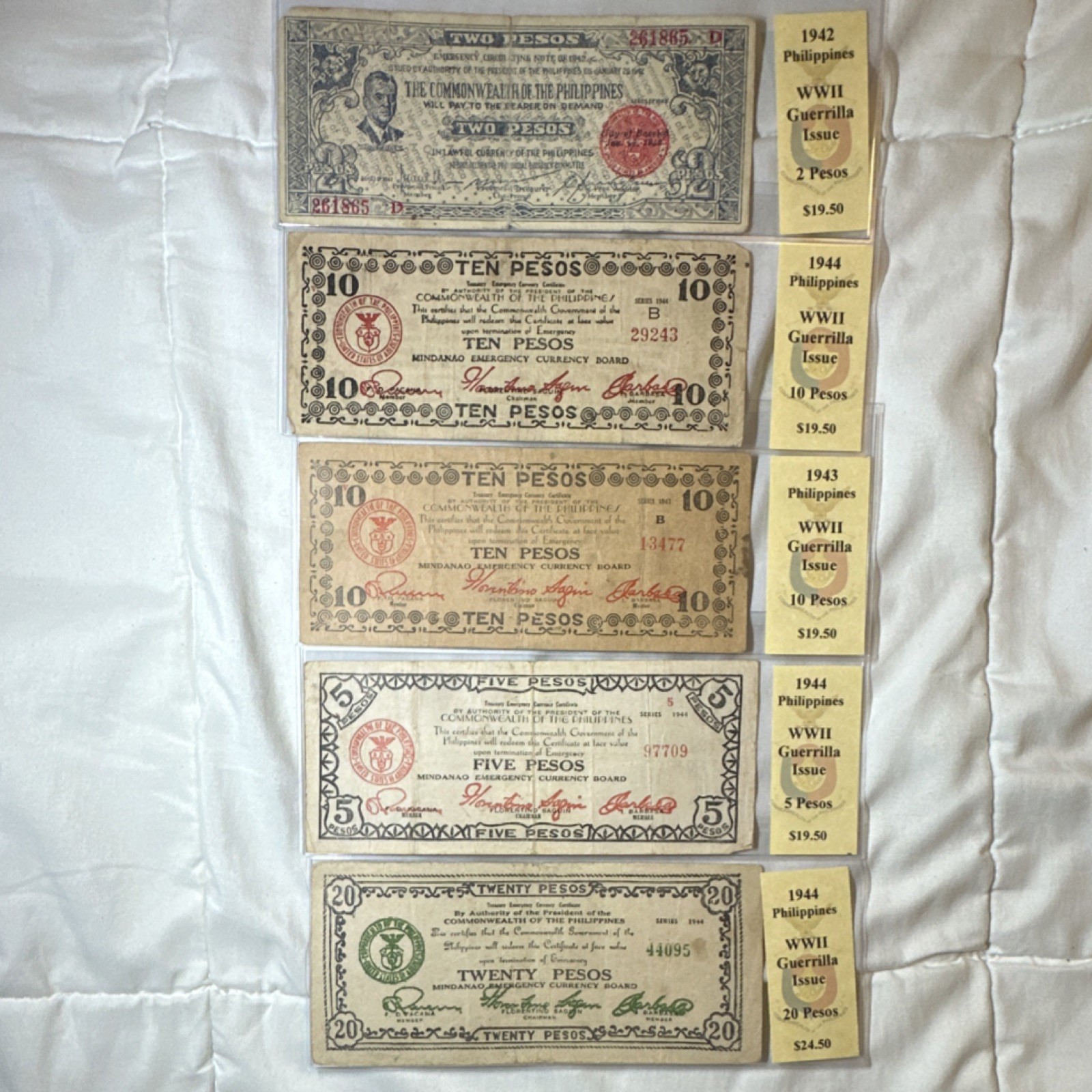 Philippines WWII Guerrilla Mindanao Emergency Currency Lot 5 Notes 1942-44 Philippines WWII Guerrilla Mindanao Emergency Currency Lot 5 Notes 1942-44