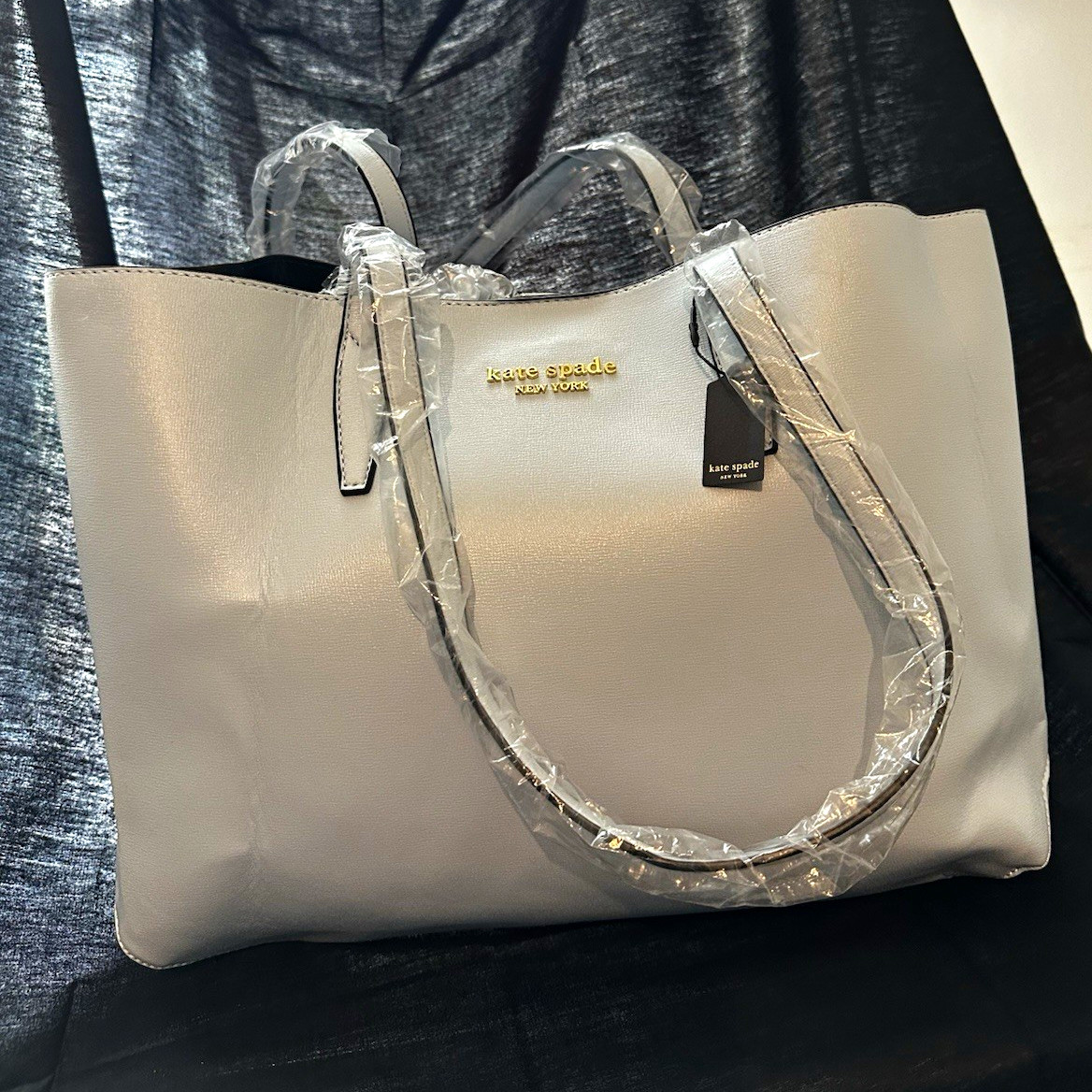 Kate Spade New York Gray Snap Tote, Gold Hardware, Logo Accent, Light Blue