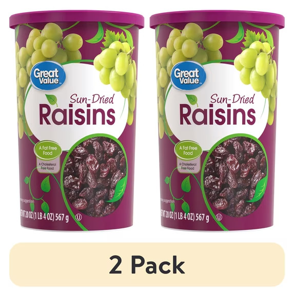 (2 pack) Great Value Sun-Dried Raisins Canister, 20 oz (1lb 4oz) 567g (2 pack) Great Value Sun-Dried Raisins Canister, 20 oz (1lb 4oz) 567g