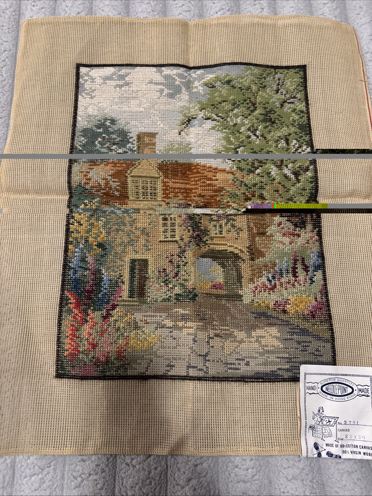 Vintage Hand Made Needlepoint English Cottage Garden #3731 - Wool Canvas 23”x20”