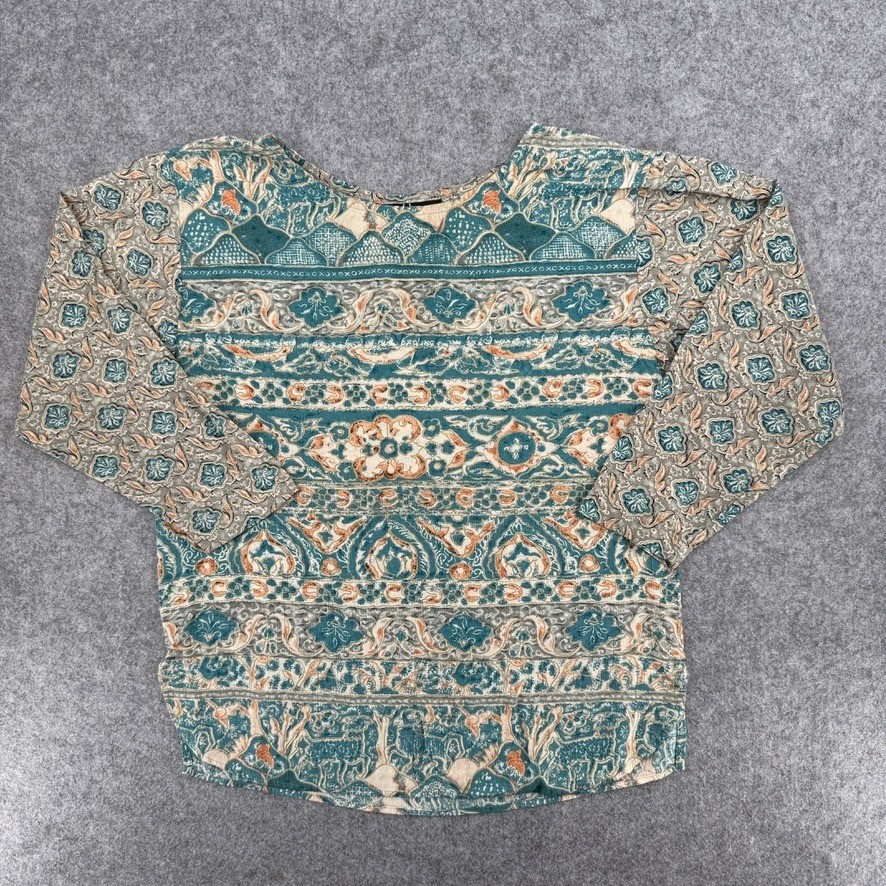 Vintage Carole Little Top Womens 6 9575198 Teal Batik Floral Animal Print USA