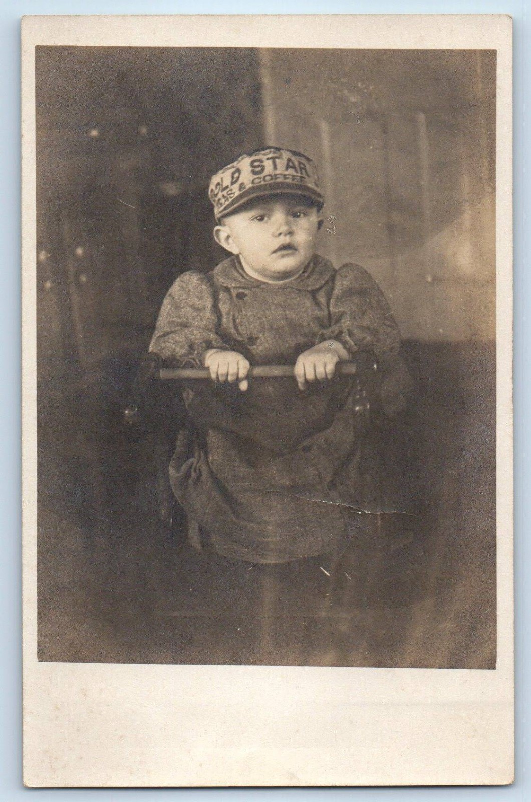 c1910\'s Baby Boy Gold Star Coffee Hat Studio RPPC Photo Antique Postcard c1910\'s Baby Boy Gold Star Coffee Hat Studio RPPC Photo Antique Postcard