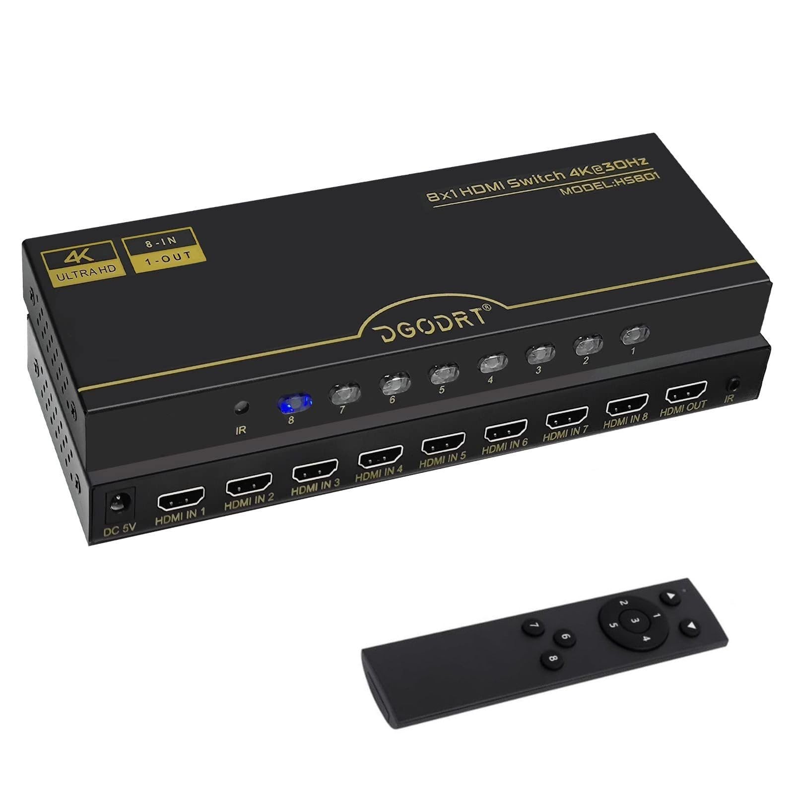 DGODRT 8×1 HDMI Switch 8 in 1 Out, 8 Port 4K HDMI Switcher Selector Box with IR