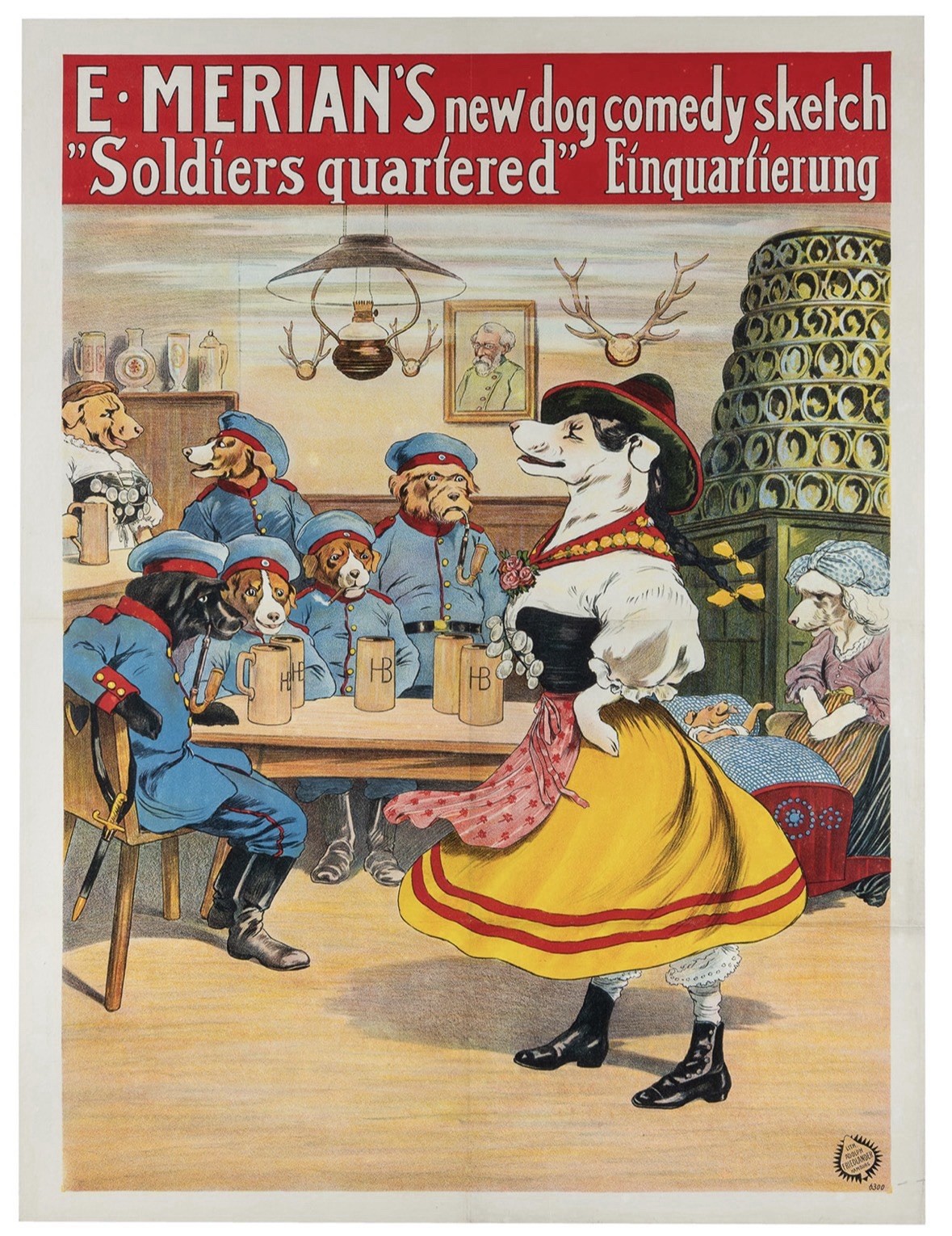 1914 Adolph Friedlander Lithograph Poster E. Merian Dog Comedy Soldiers Quarter