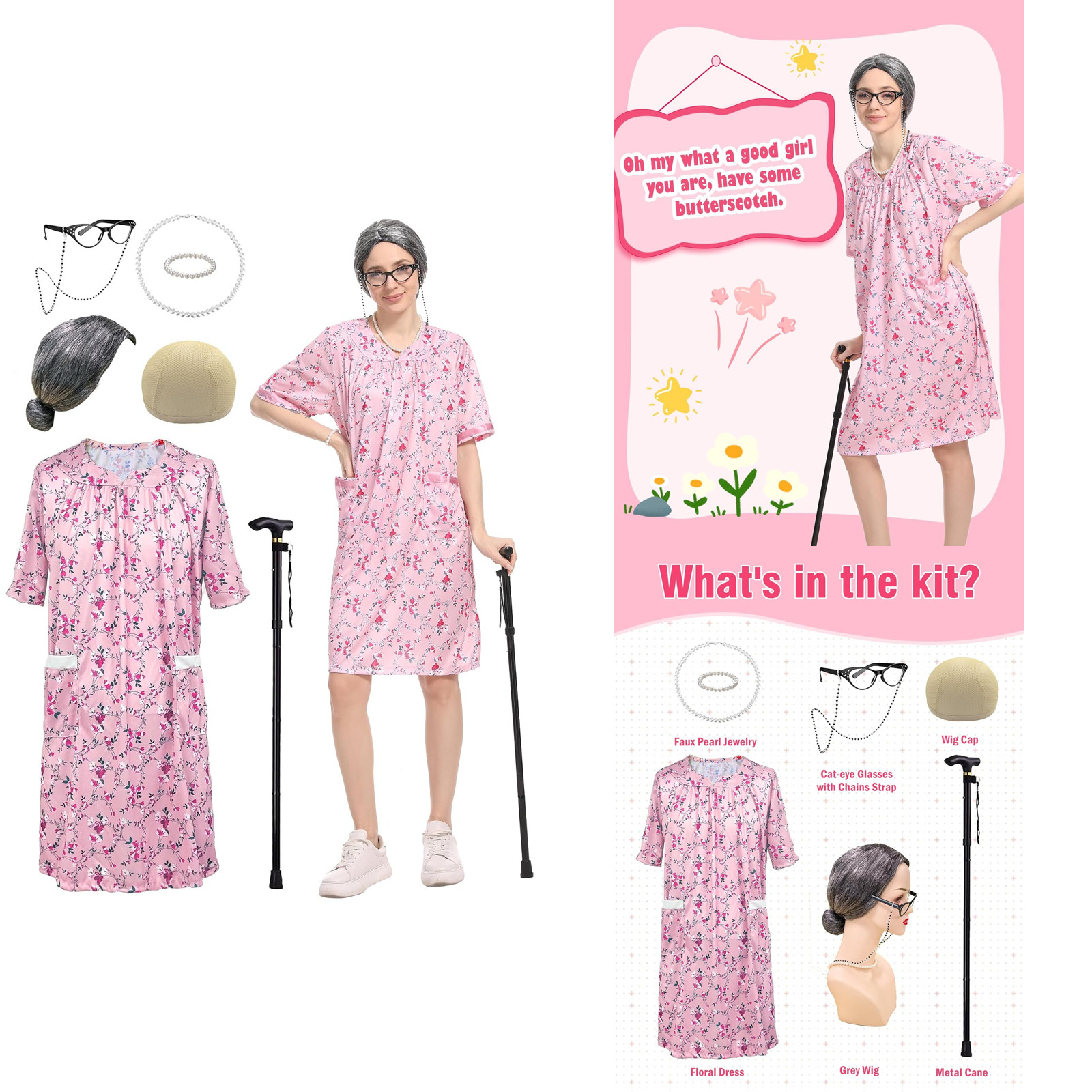 Women\'s Old Lady Costume Kit, Granny Dress and Accessories for Cosplay, 8 Piece