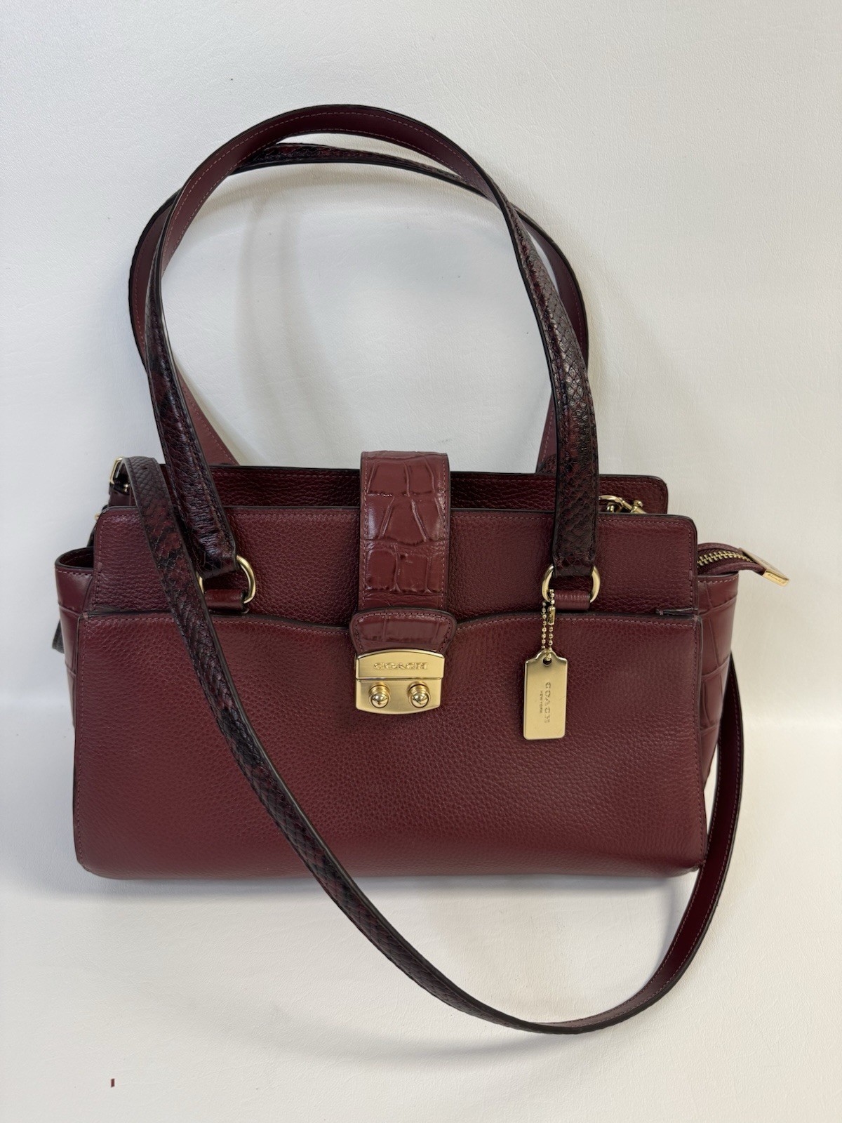 Coach Avery Wine Carryall Crossgrain Leather Embossed Trim Shoulder Bag Satchel
