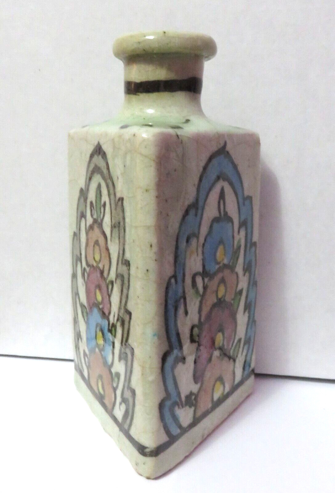 Antique 19th Centu Persian Qajar Pottery Tea Flask Triangular Bottle