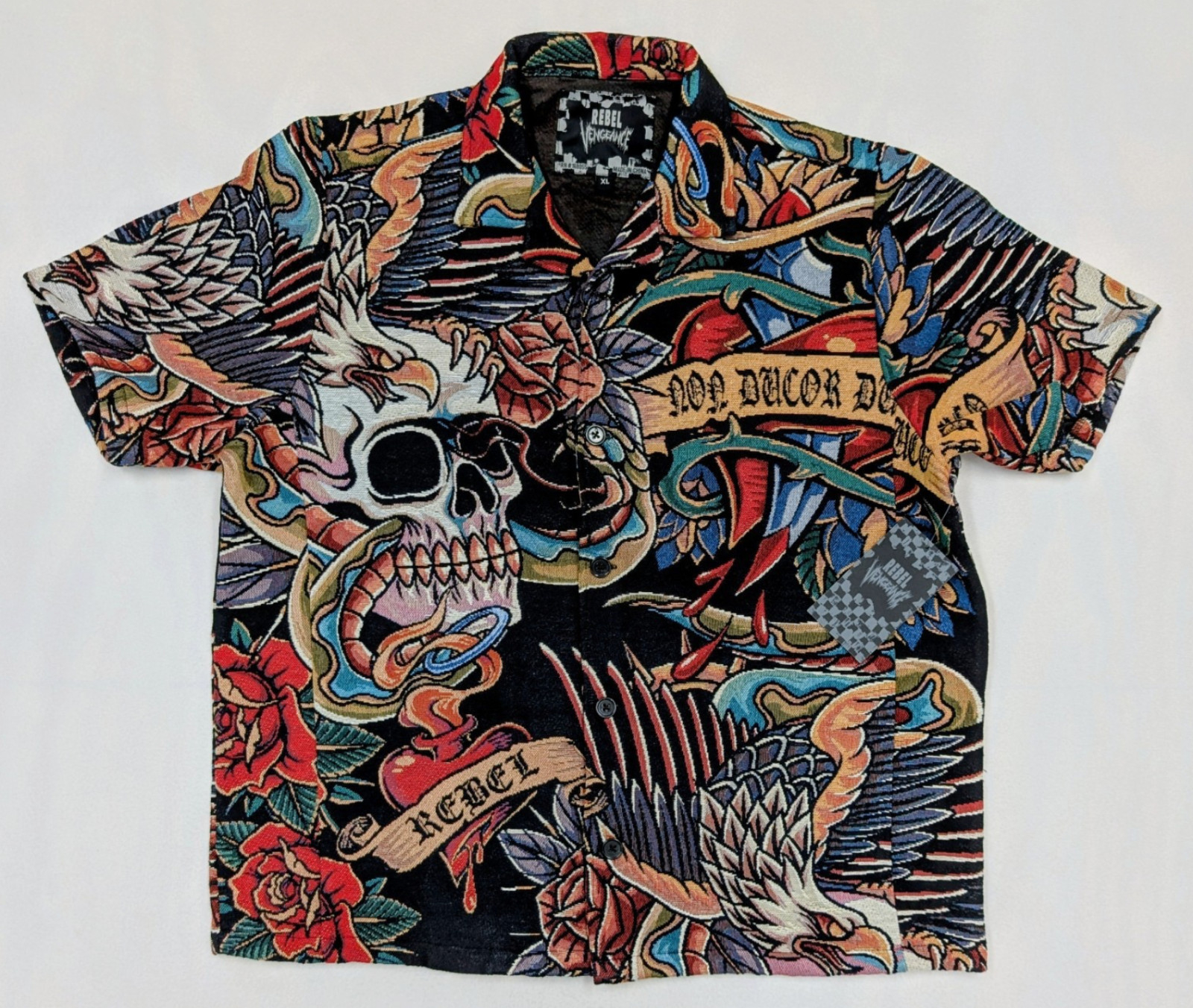 Rebel Vengeance Tapestry Shirt Skull Rose Eagle Tattoo NWT Shirt / Jacket