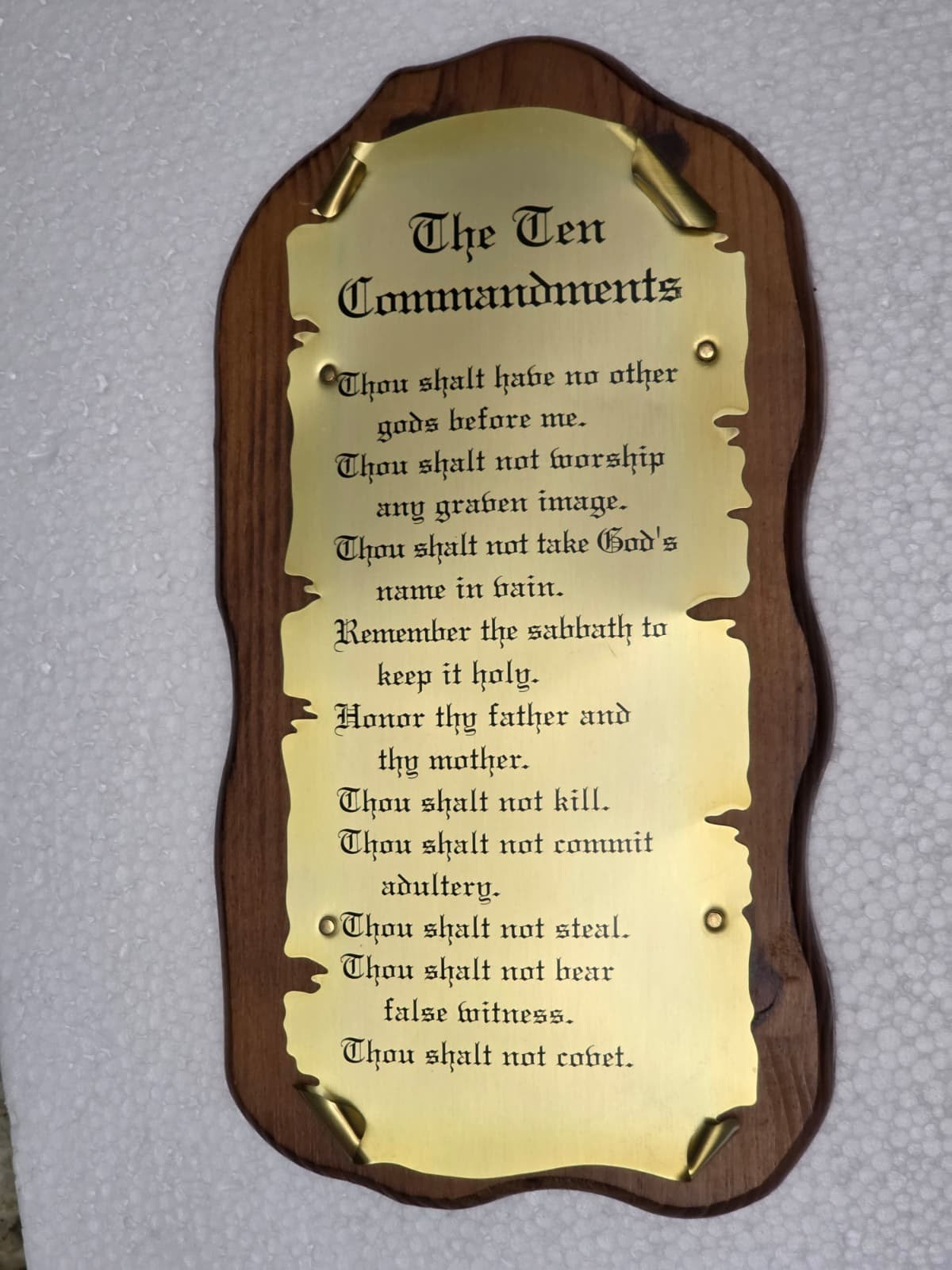 Vintage Brass Plaque Printed “The Ten Commandments” On Wooden Backing