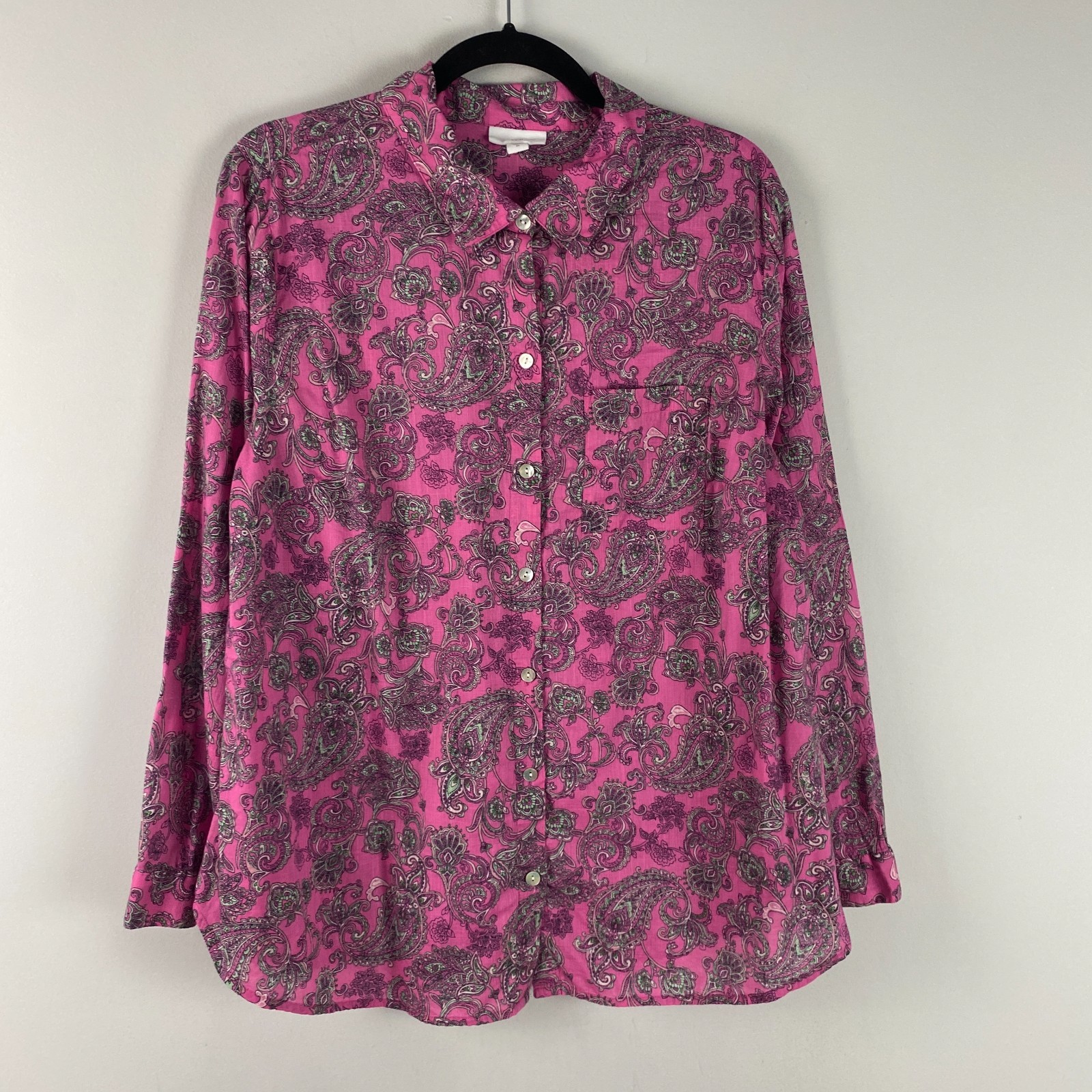 J. Jill Floral Paisley Button Up Shirt Size XL Pink Cotton Collared Long Sleeve