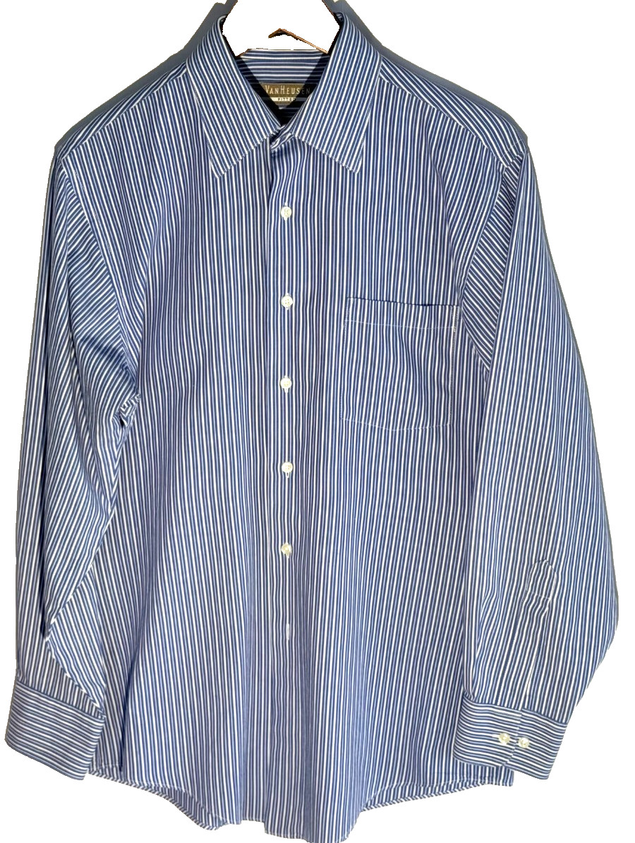 Van Heusen Mens Fitted M Dress Shirt Long Sleeve Blue White Stripe Wrinkle Free