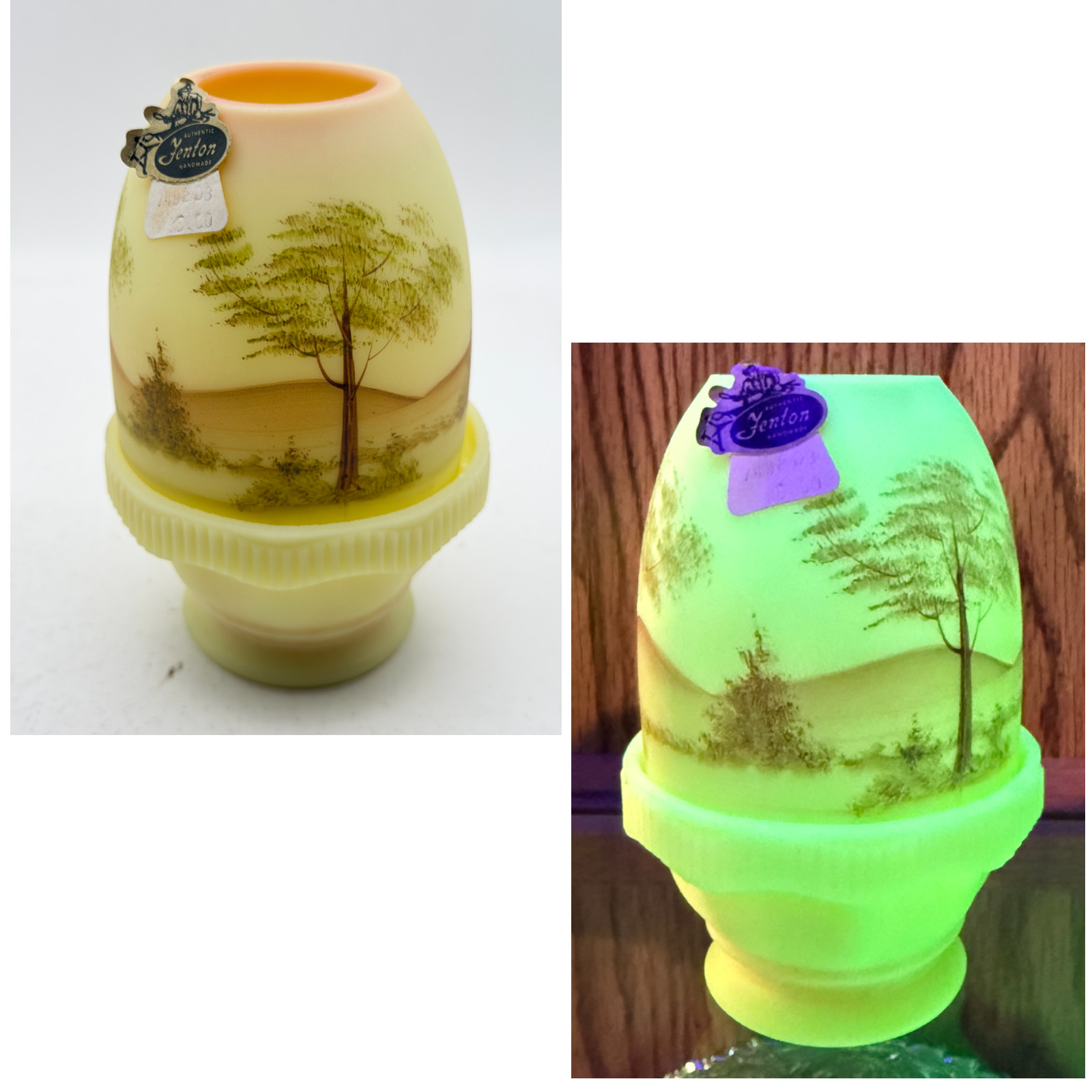 VINTAGE Fenton BURMESE Uranium Tree & Landscape Fairy Lamp Signed Gloria Finn