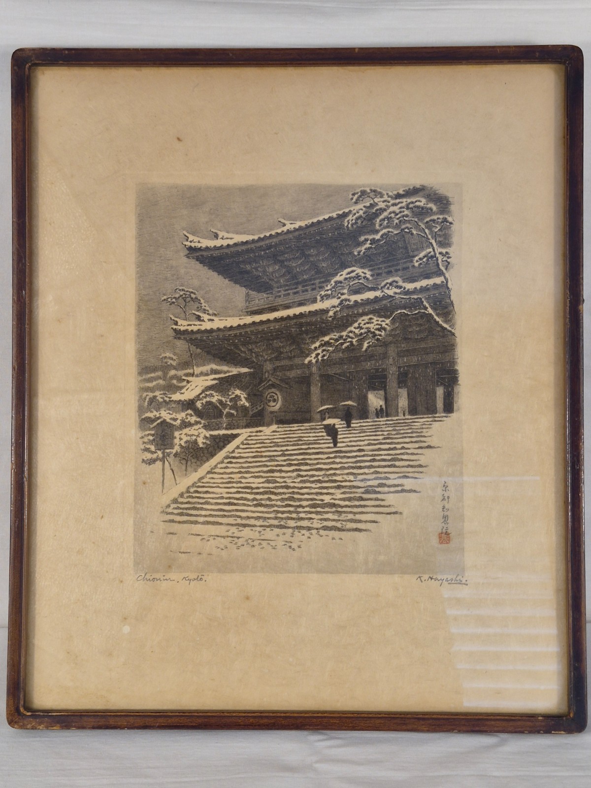 K. Hayashi Chion-in Kyoto Signed Japanese Etching Framed Vintage Art