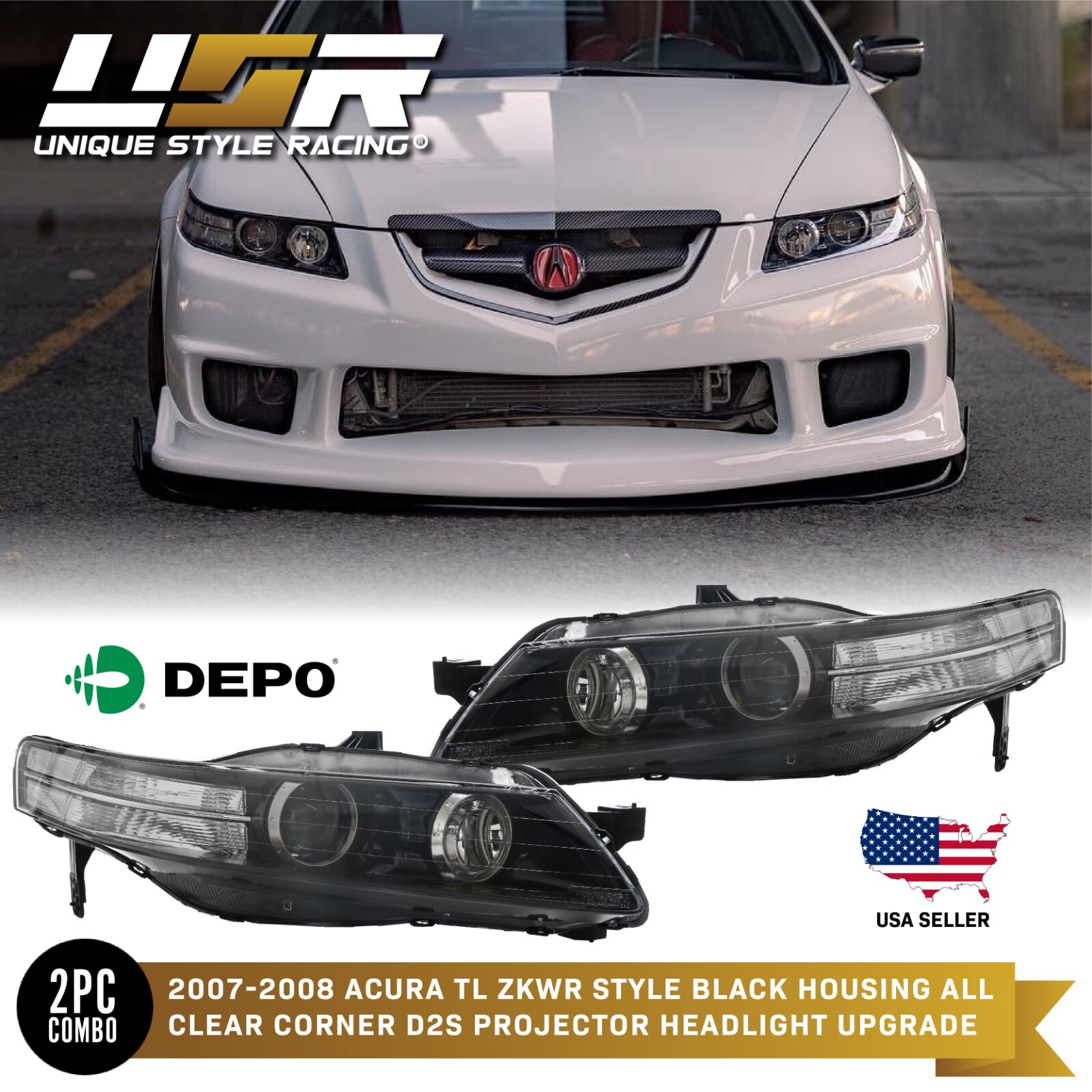DEPO Black Clear Bi-Xenon D2S Projector Headlights For 07-08 Acura TL Type-S