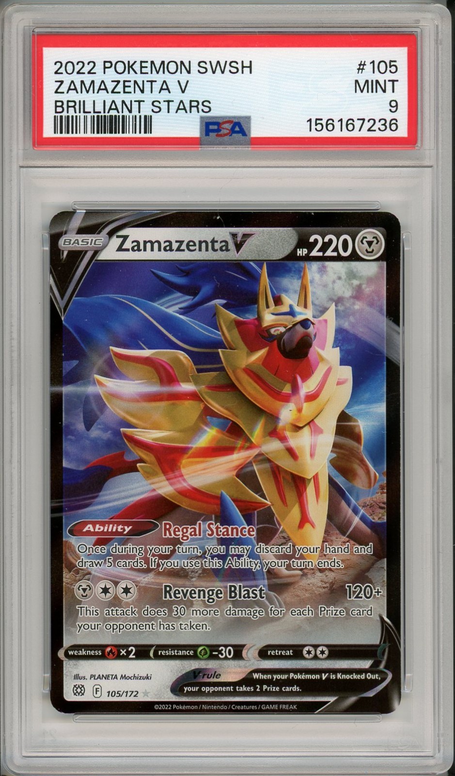 2022 Pokemon SWSH Brilliant Stars Zamazenta V #105 PSA 9