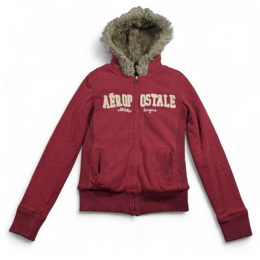 Aeropostale Fur Hooded Zip Up Sweatshirt Maroon Y2k Sz S