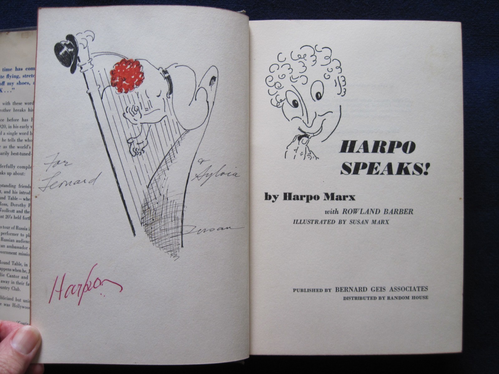 HARPO SPEAKS SIGNED & INSCRIBED by HARPO MARX wi ORIGINAL DRAWING by SUSAN MARX