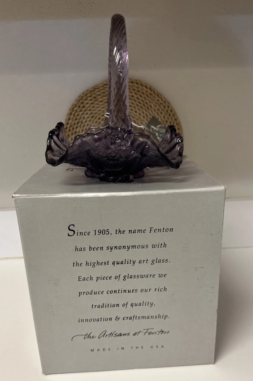 Y2K FENTON Violet Basket Twisted Handle Embossed Thistle 95th Anniversary W/Box