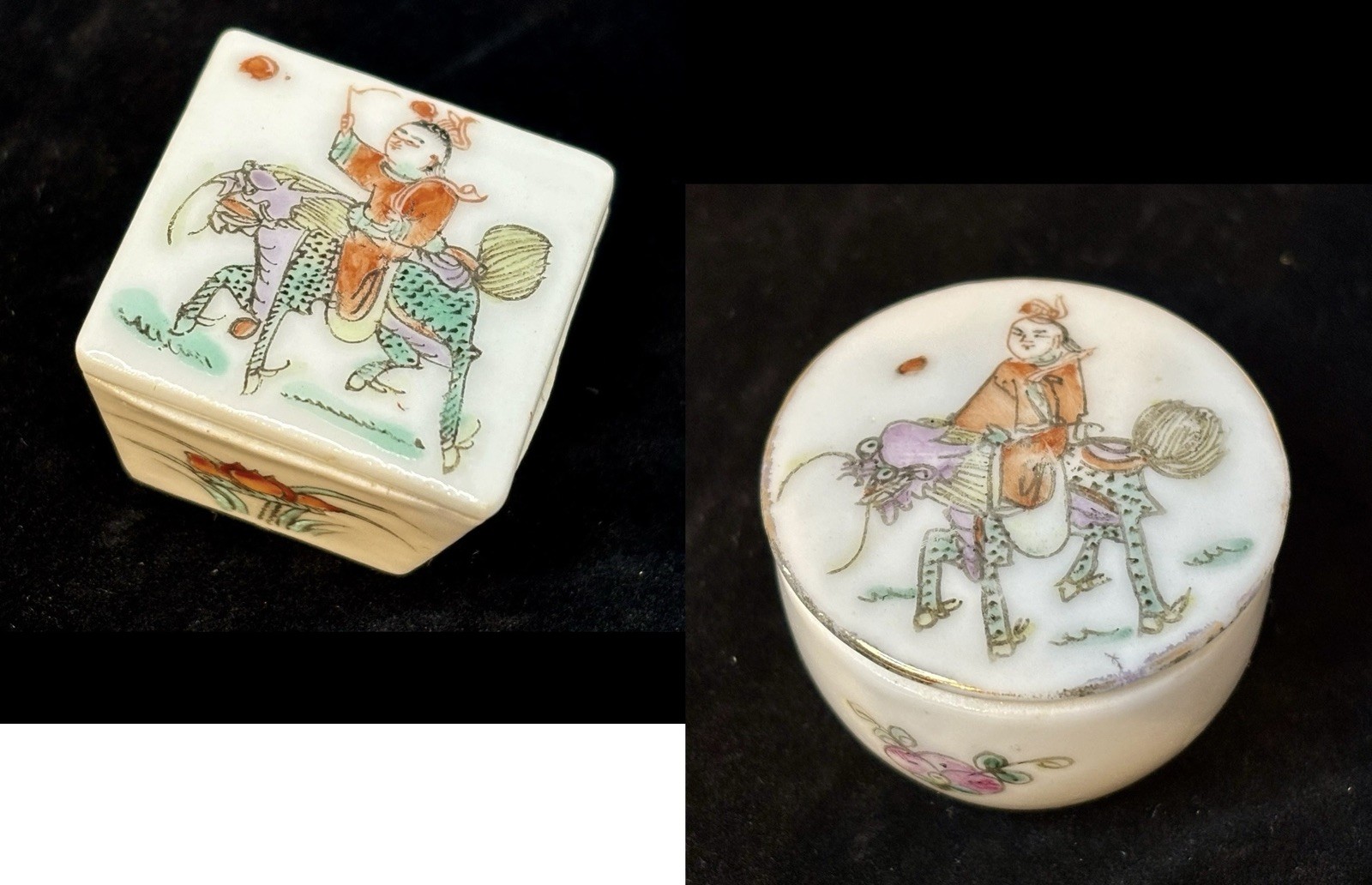 Two Tiny Antique Porcelain Chinese Trinket Or Salt Boxes Collectables